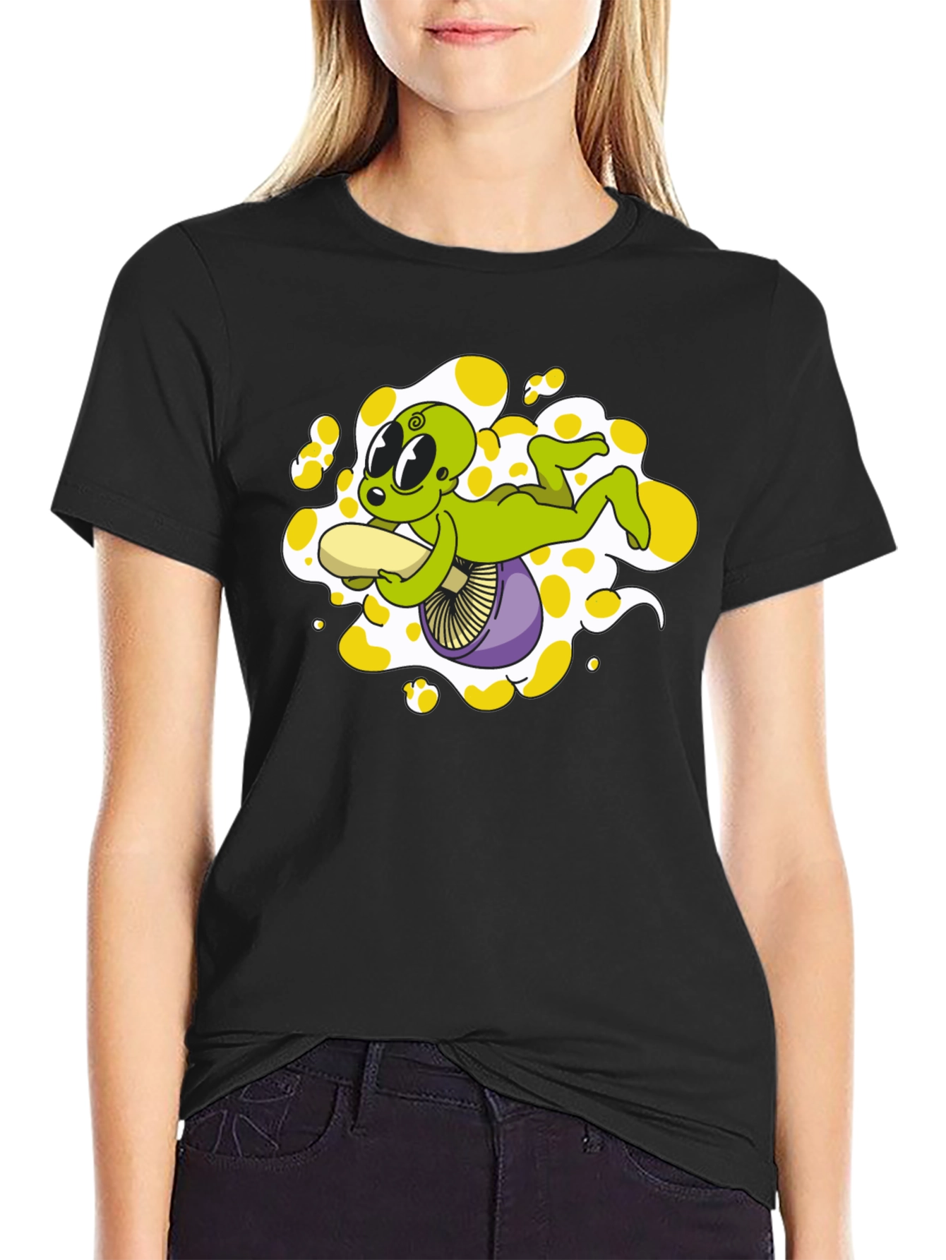 Alien Riding Mushroom Graphic Tee - Black Cotton T-Shirt