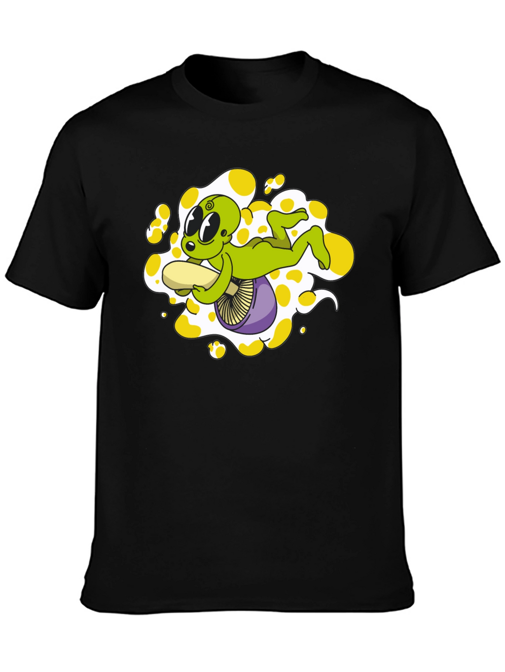 Alien Riding Mushroom Graphic Tee - Black Cotton T-Shirt