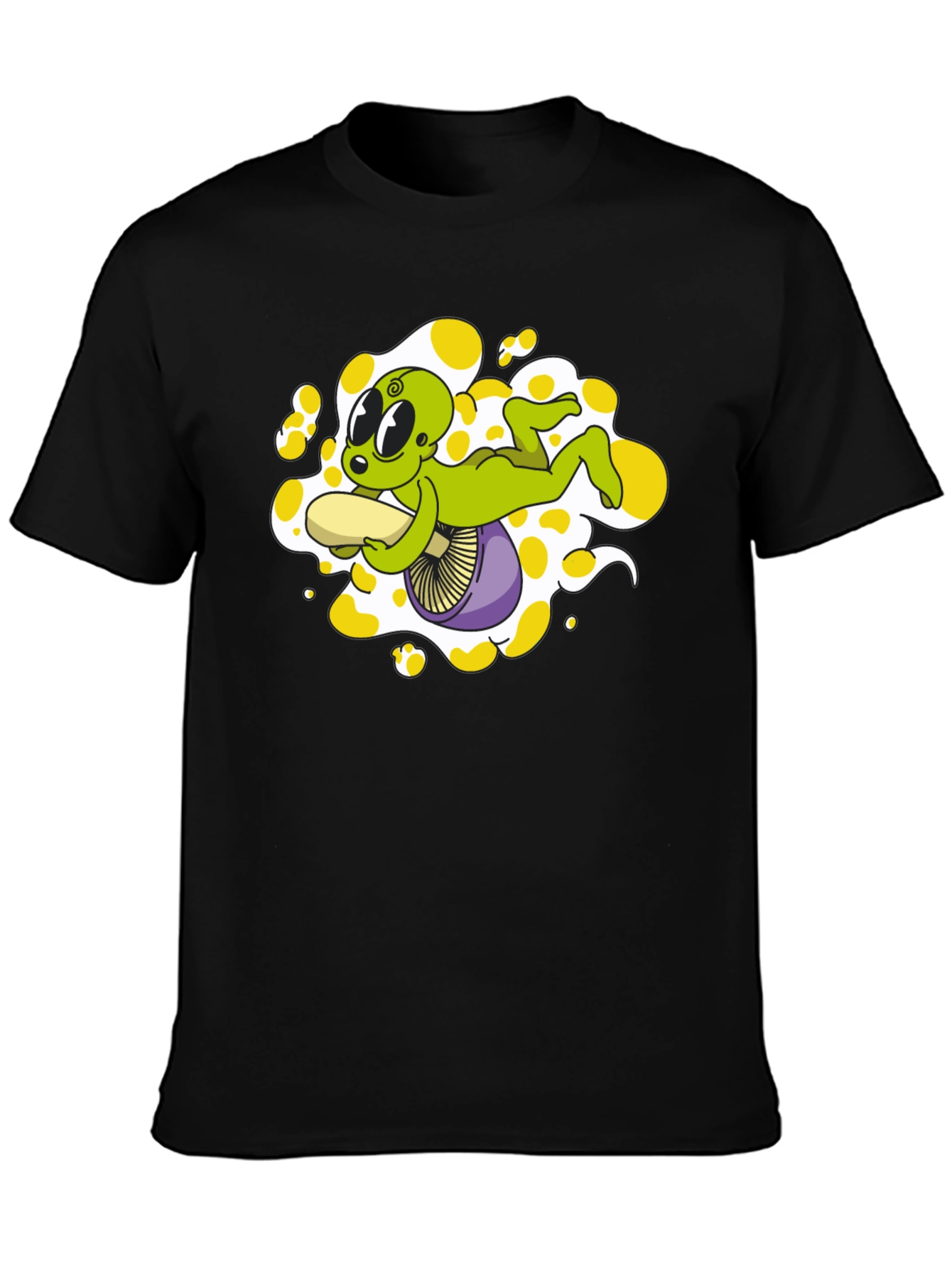 Alien Riding Mushroom Graphic Tee - Black Cotton T-Shirt