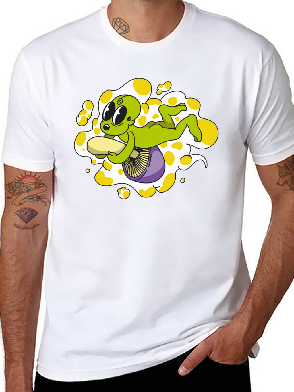 Alien Riding Mushroom Graphic Tee - Black Cotton T-Shirt