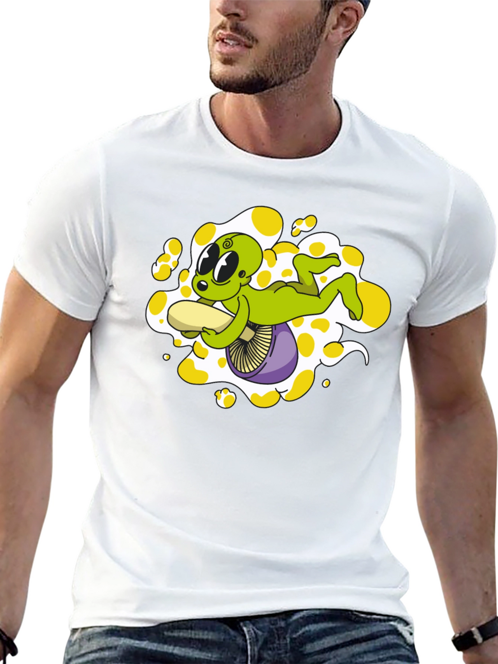 Alien Riding Mushroom Graphic Tee - Black Cotton T-Shirt
