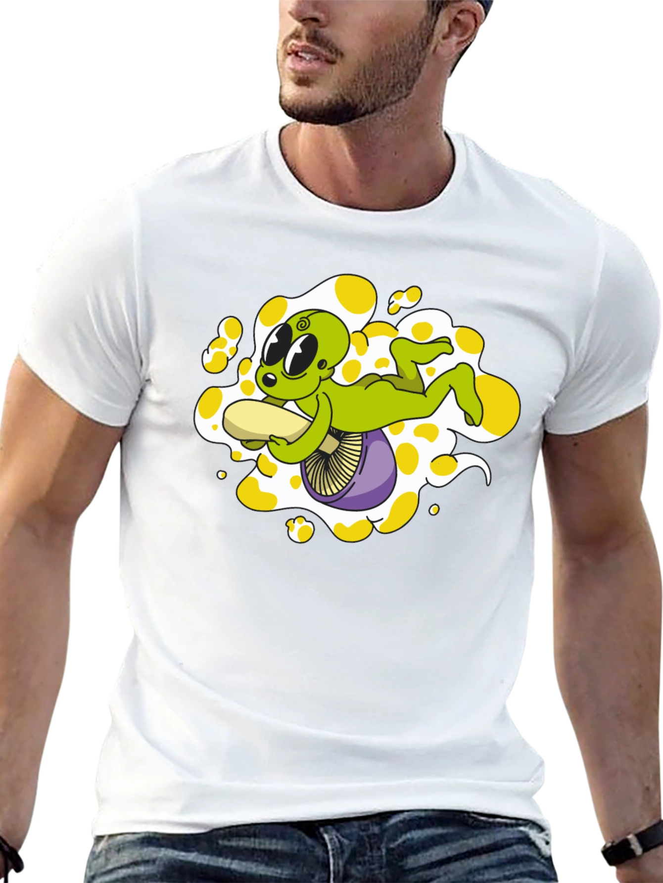 Alien Riding Mushroom Graphic Tee - Black Cotton T-Shirt