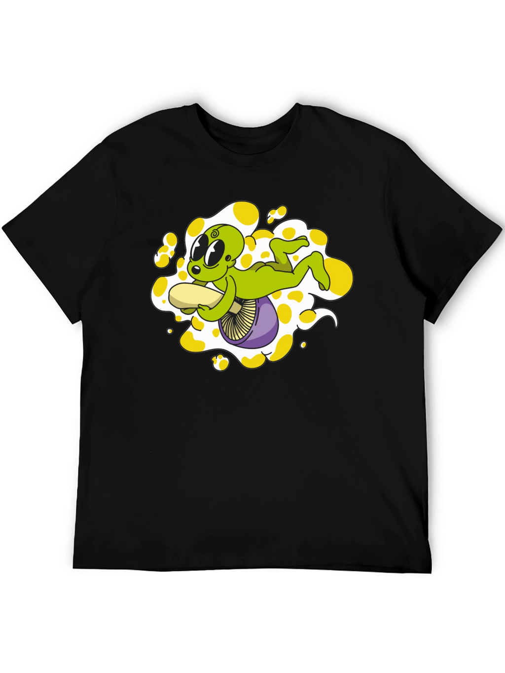 Alien Riding Mushroom Graphic Tee - Black Cotton T-Shirt