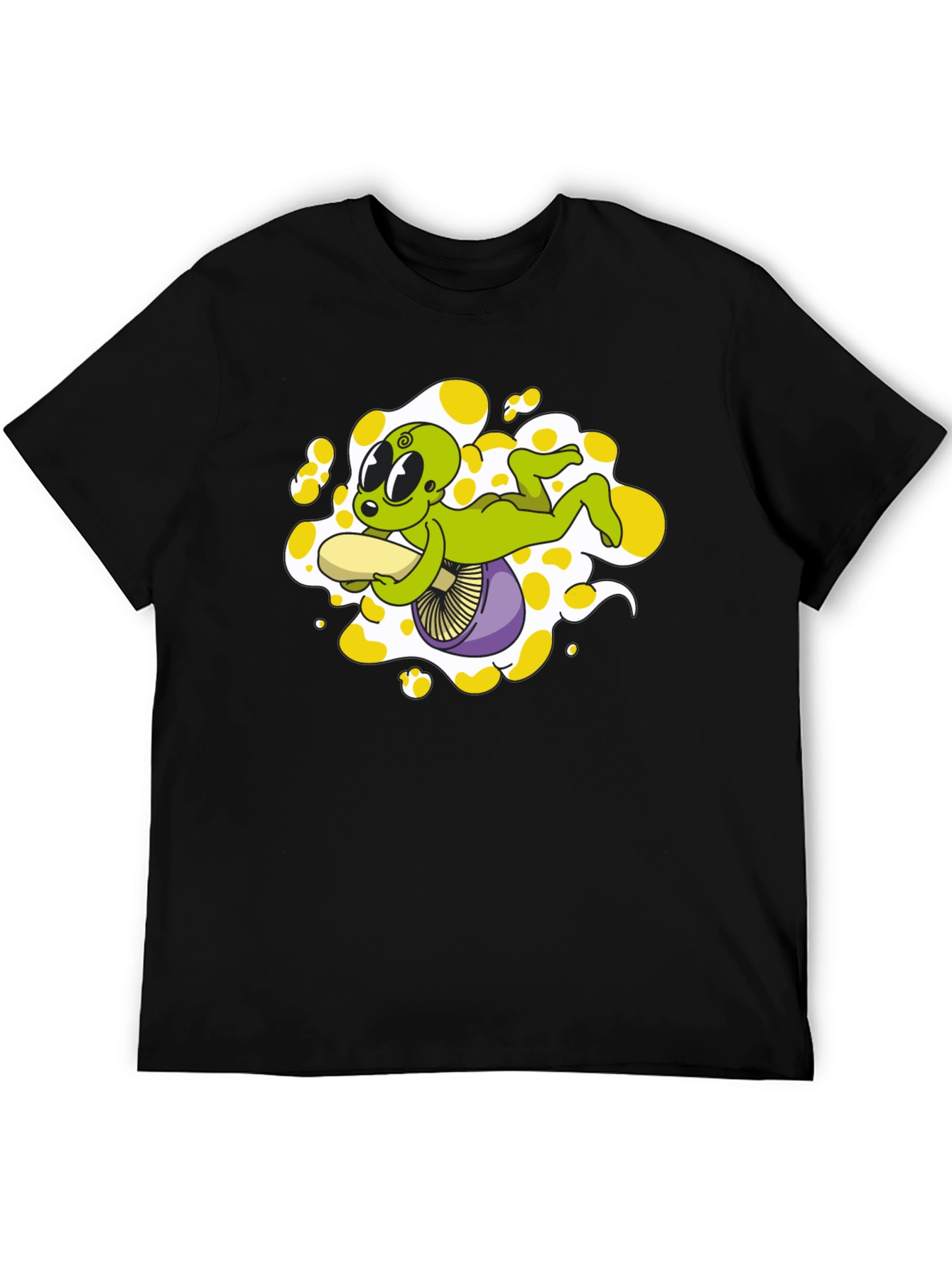 Alien Riding Mushroom Graphic Tee - Black Cotton T-Shirt