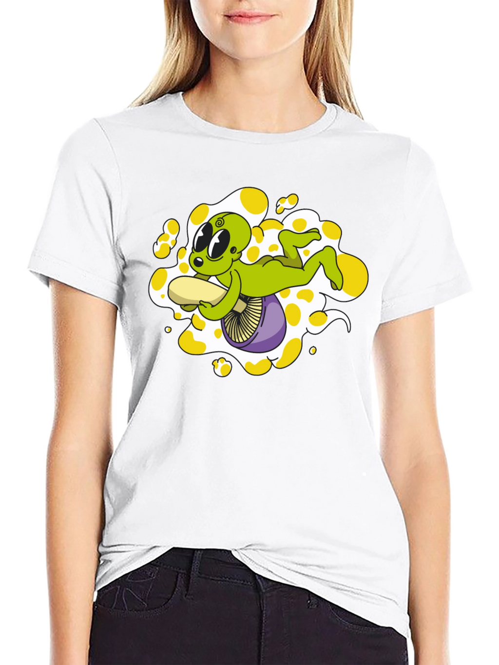 Alien Riding Mushroom Graphic Tee - Black Cotton T-Shirt