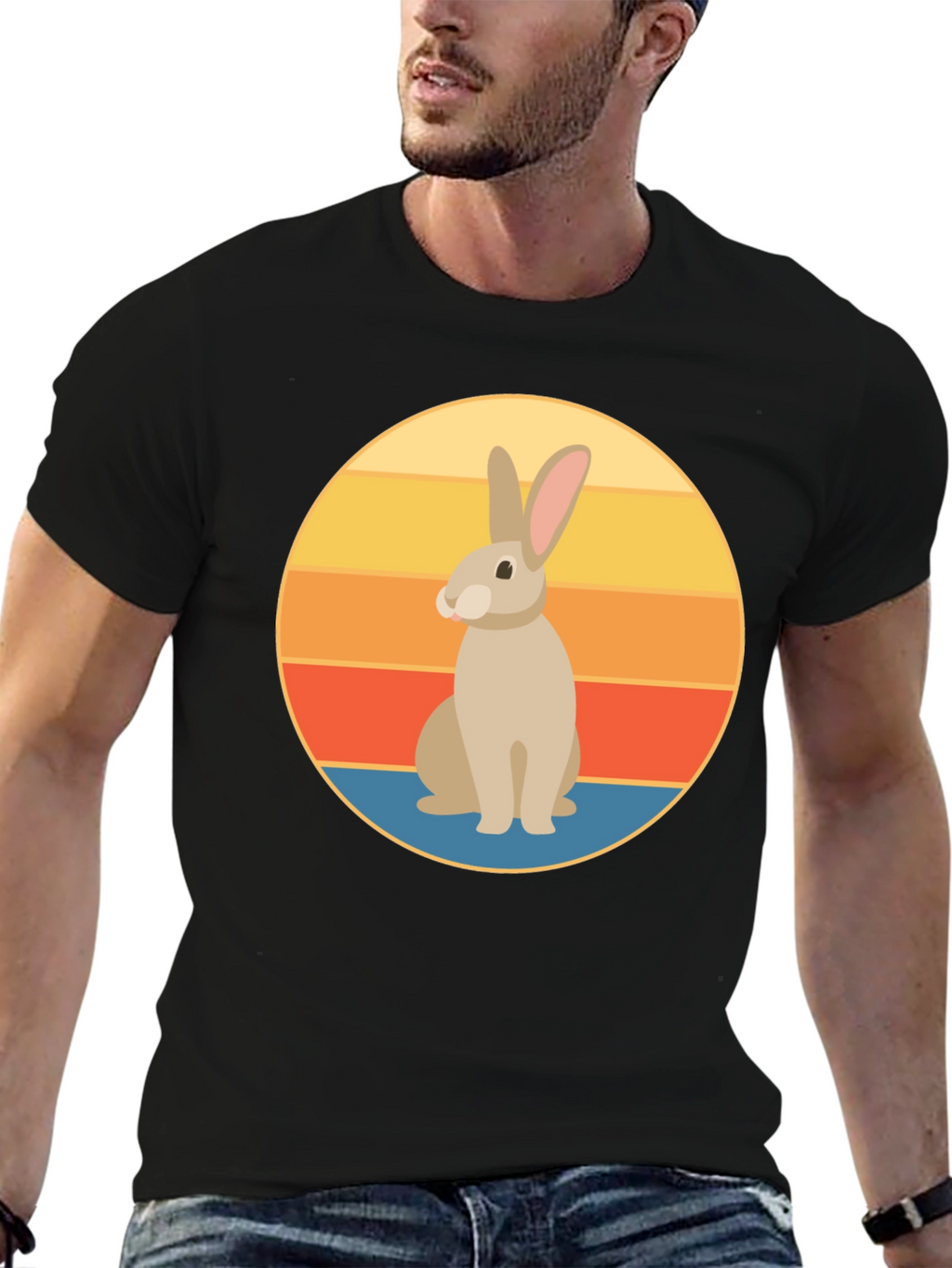 Retro Rabbit Graphic Tee - Soft Black Cotton T-Shirt