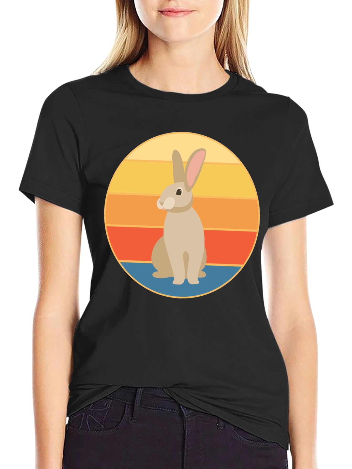 Retro Rabbit Graphic Tee - Soft Black Cotton T-Shirt