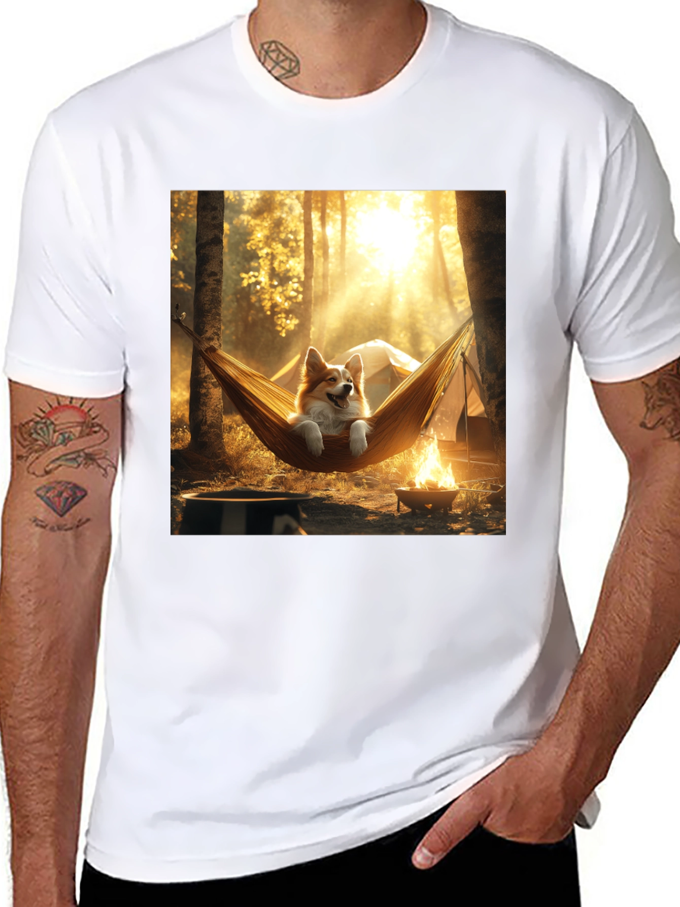 Corgi Hammock Camping Black T-Shirt