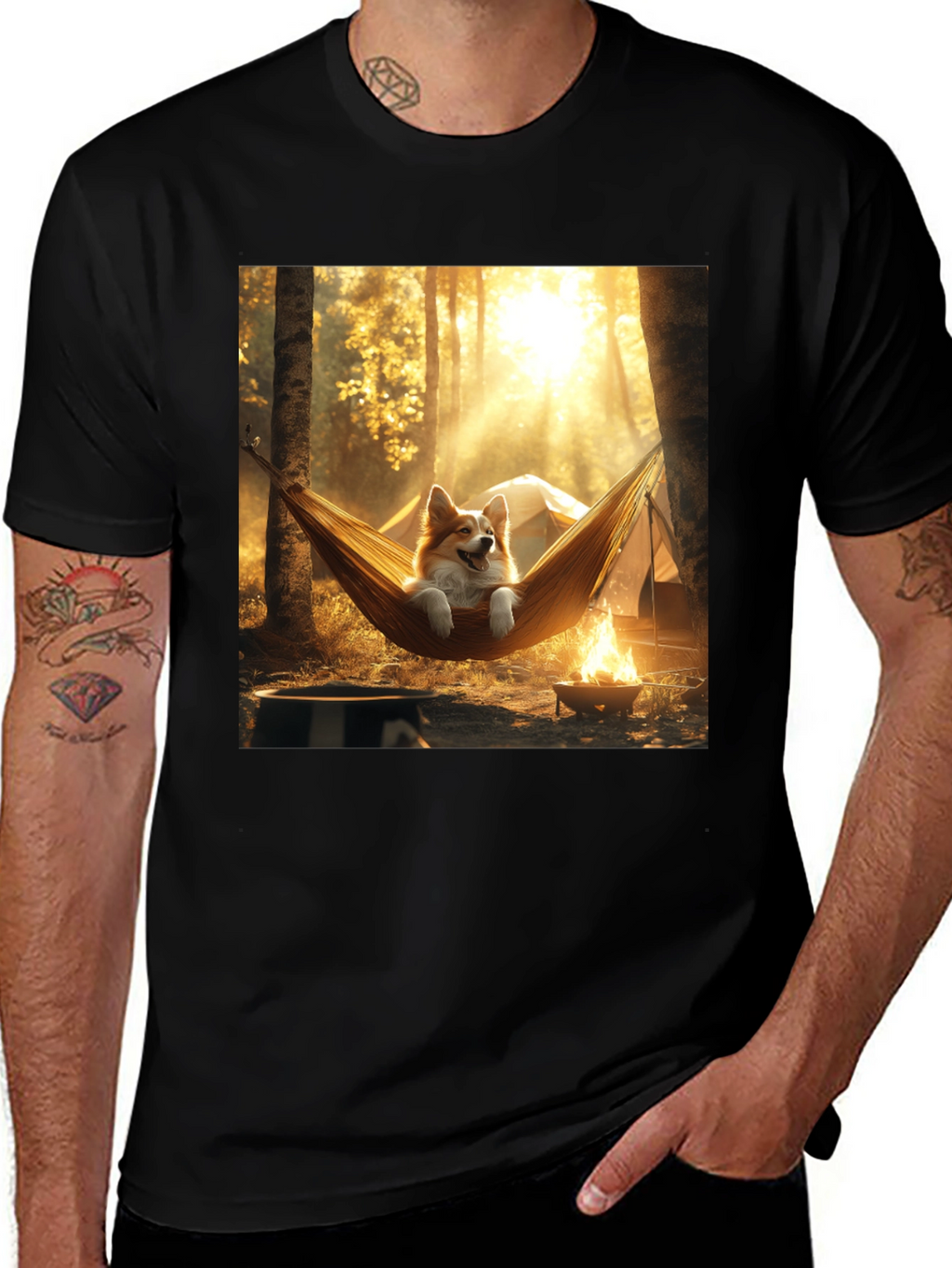 Corgi Hammock Camping Black T-Shirt