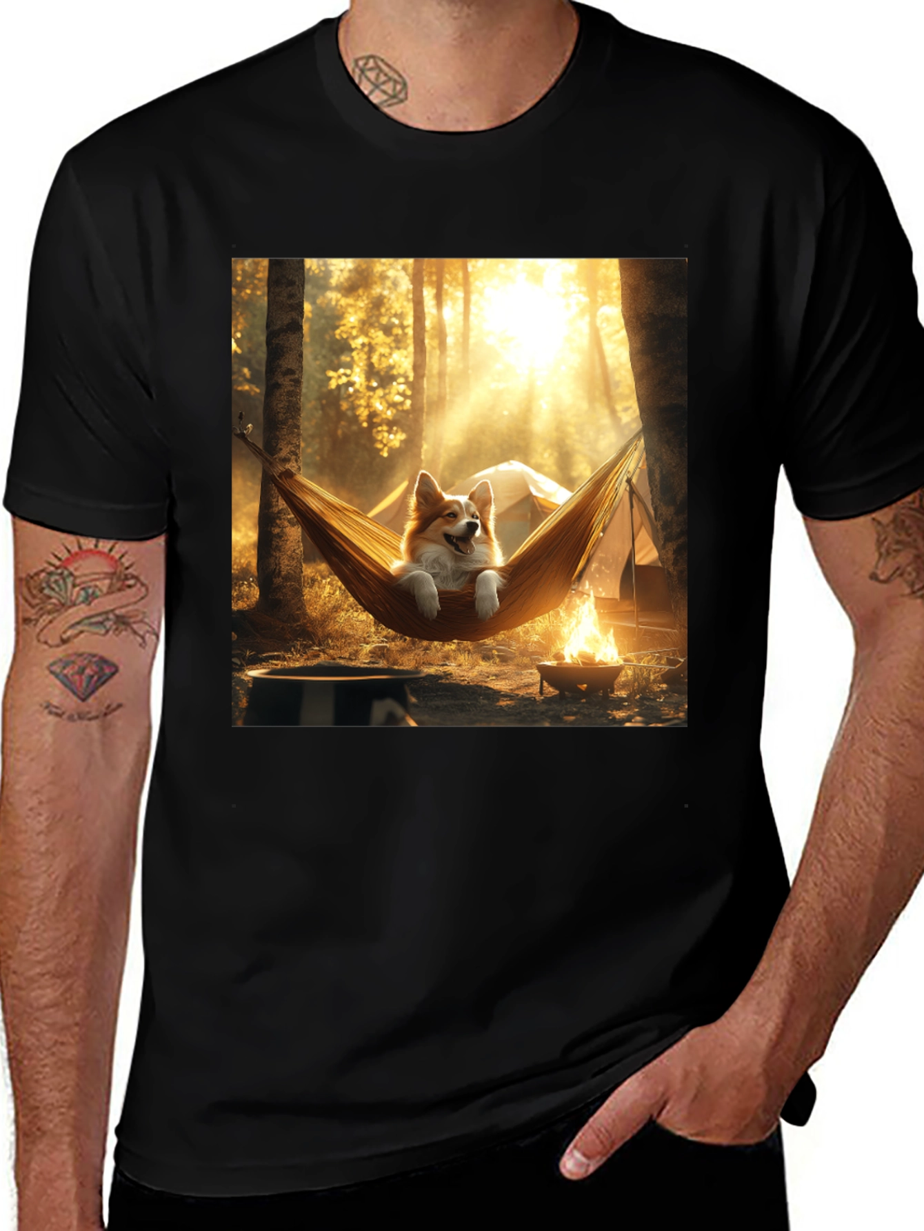 Corgi Hammock Camping Black T-Shirt