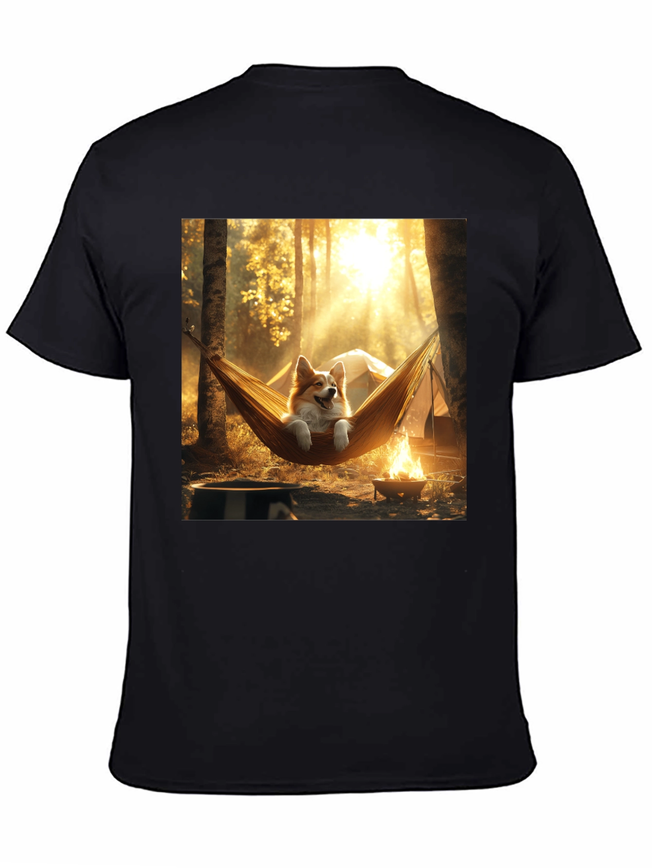 Corgi Hammock Camping Black T-Shirt