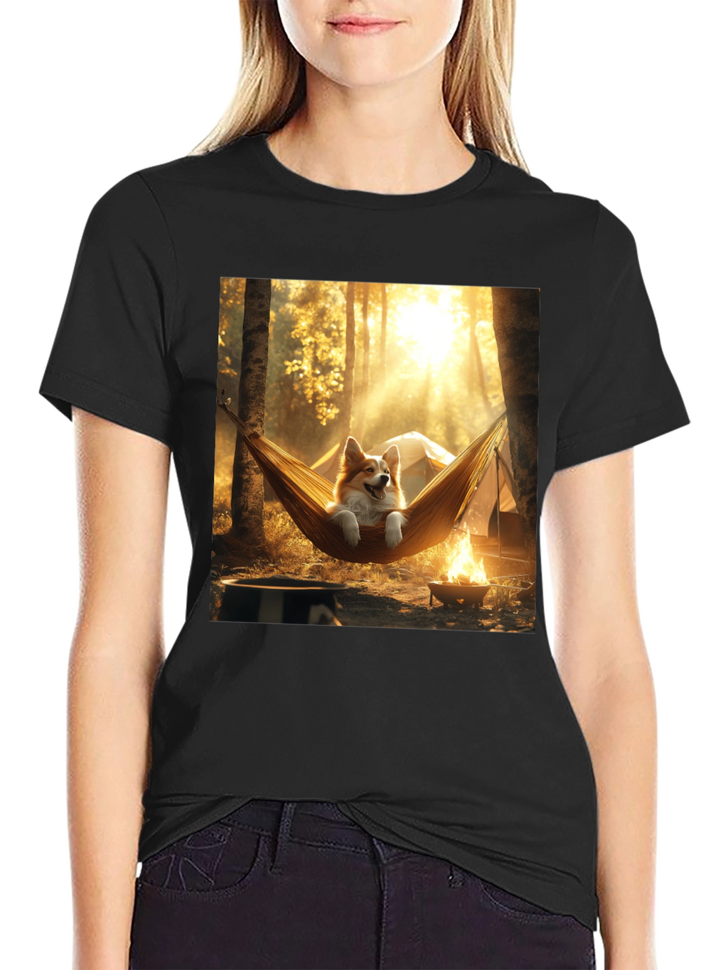 Corgi Hammock Camping Black T-Shirt