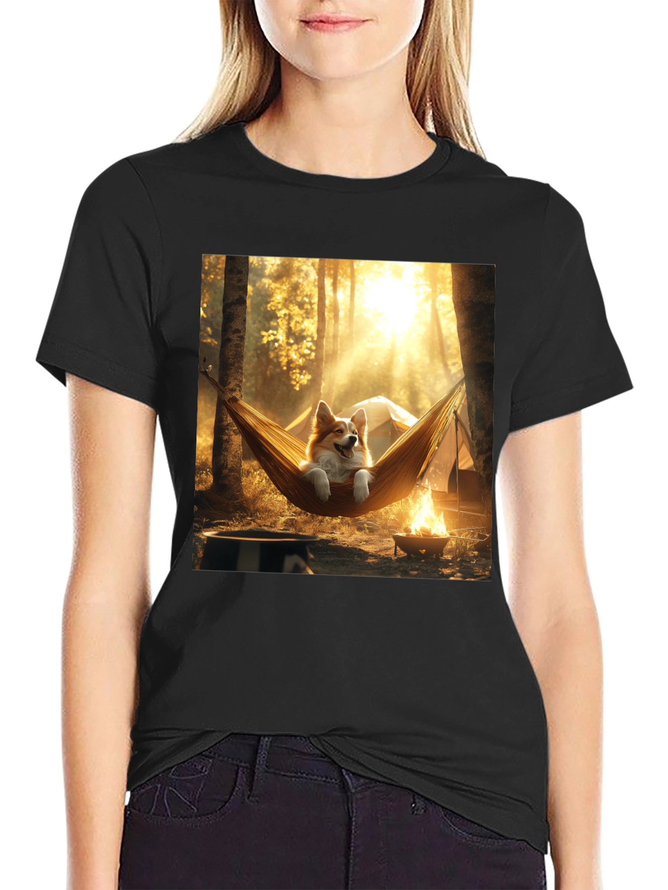 Corgi Hammock Camping Black T-Shirt