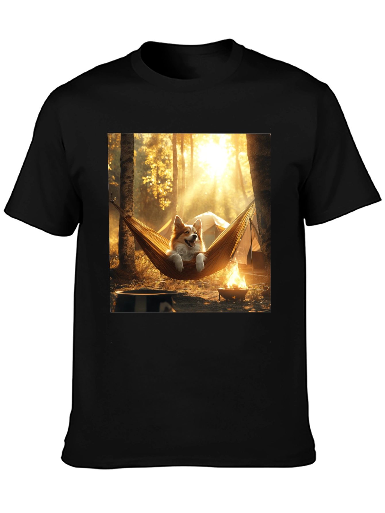 Corgi Hammock Camping Black T-Shirt