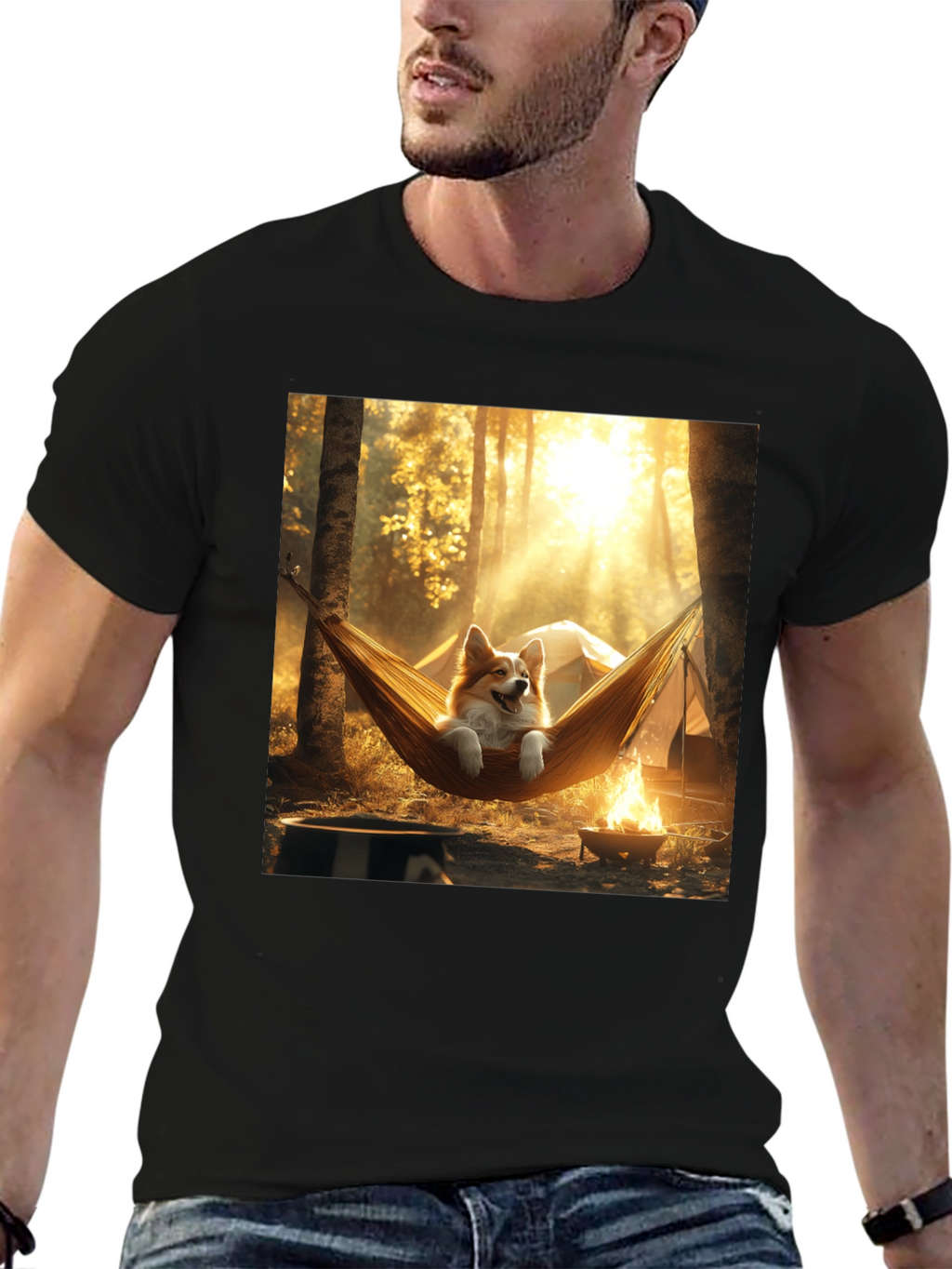 Corgi Hammock Camping Black T-Shirt