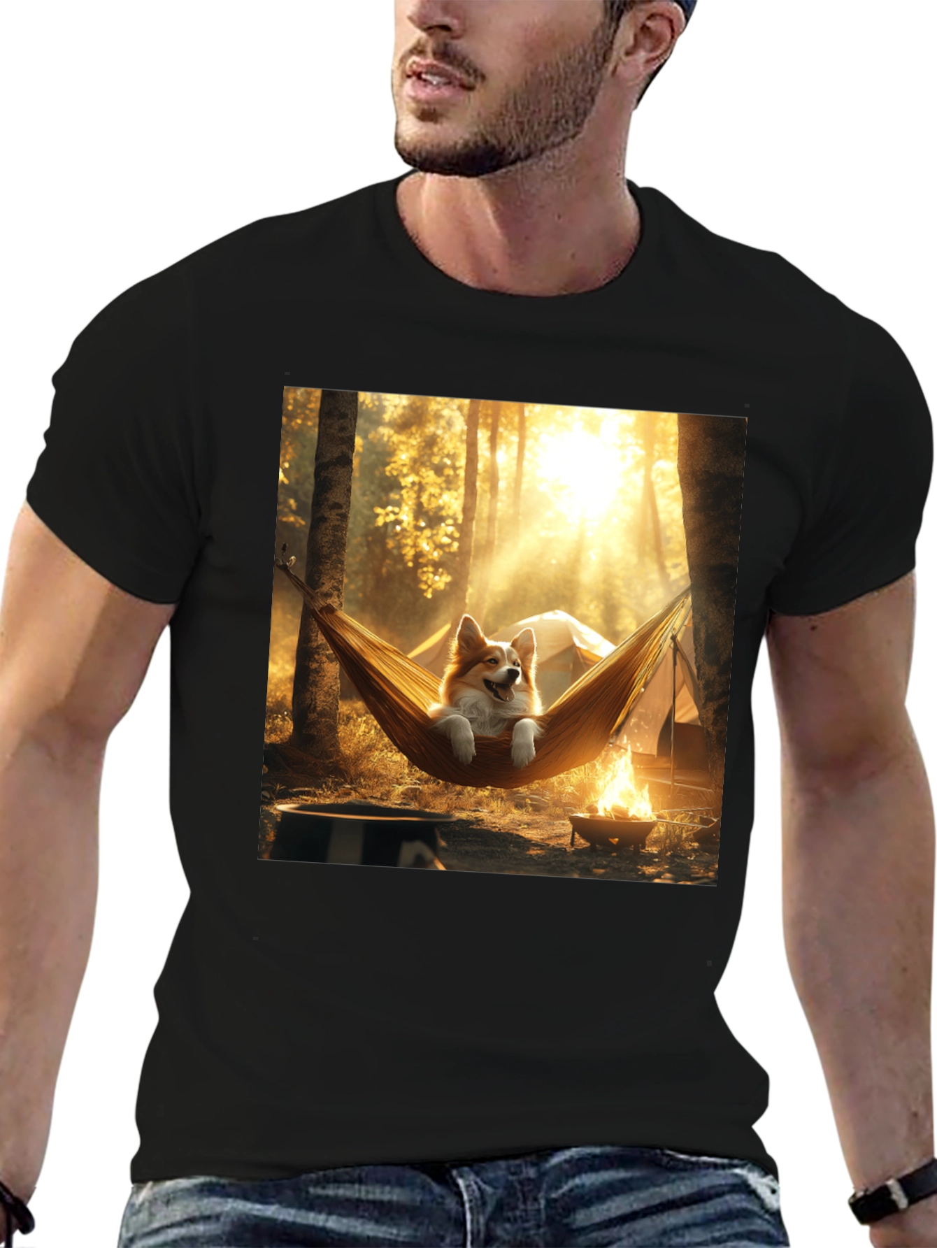 Corgi Hammock Camping Black T-Shirt