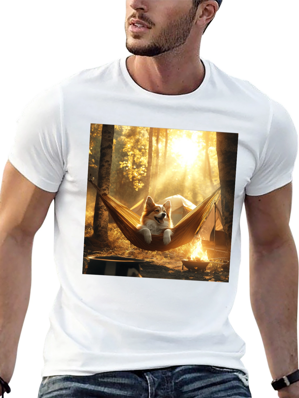 Corgi Hammock Camping Black T-Shirt