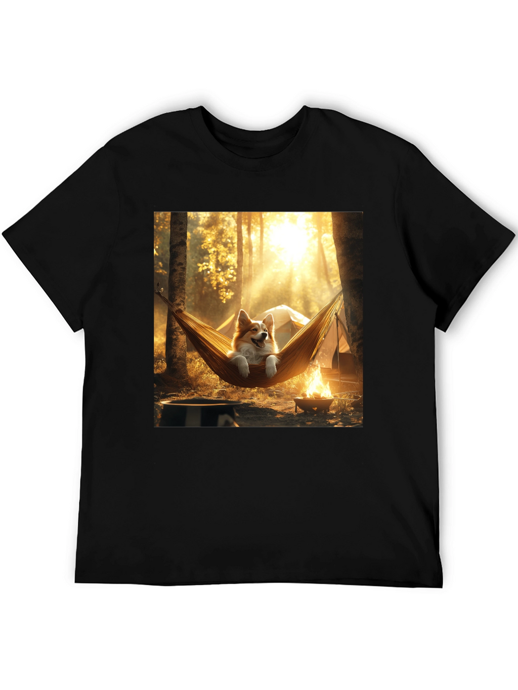 Corgi Hammock Camping Black T-Shirt