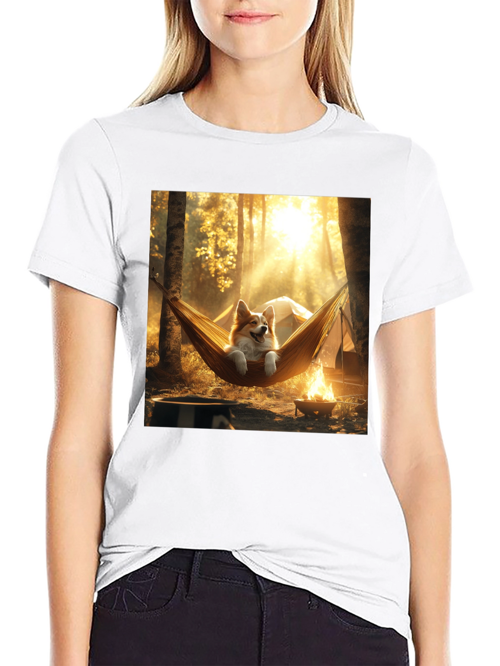 Corgi Hammock Camping Black T-Shirt