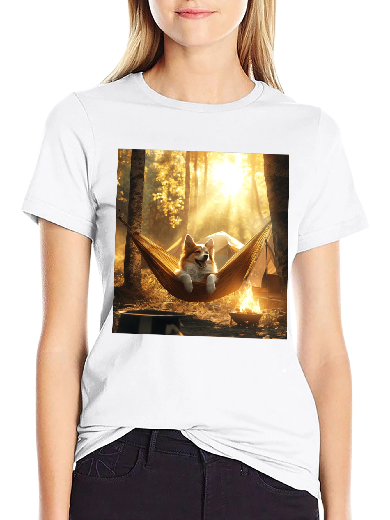 Corgi Hammock Camping Black T-Shirt