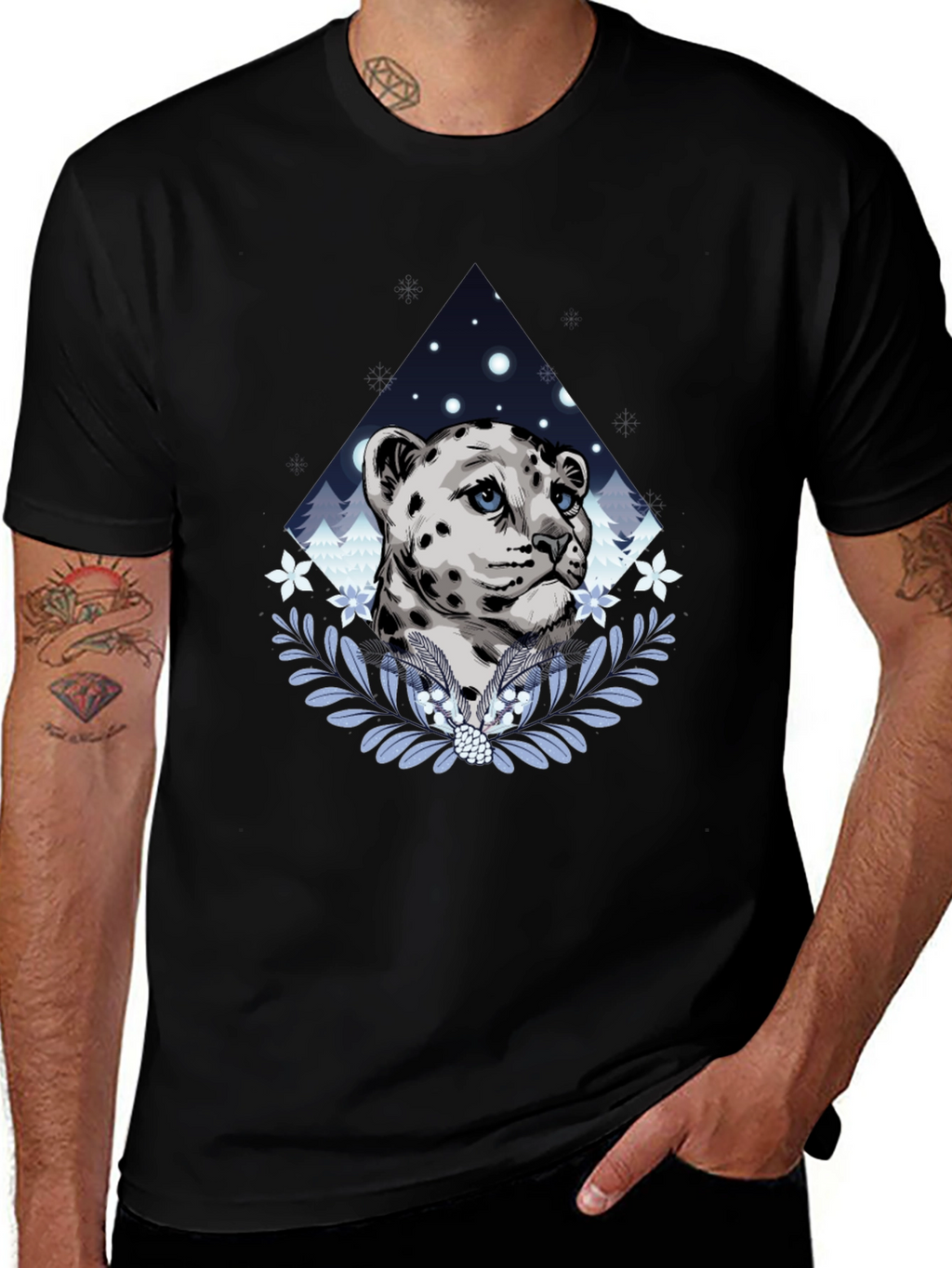 Snow Leopard Graphic Tee - Stylish Mens Black T-Shirt