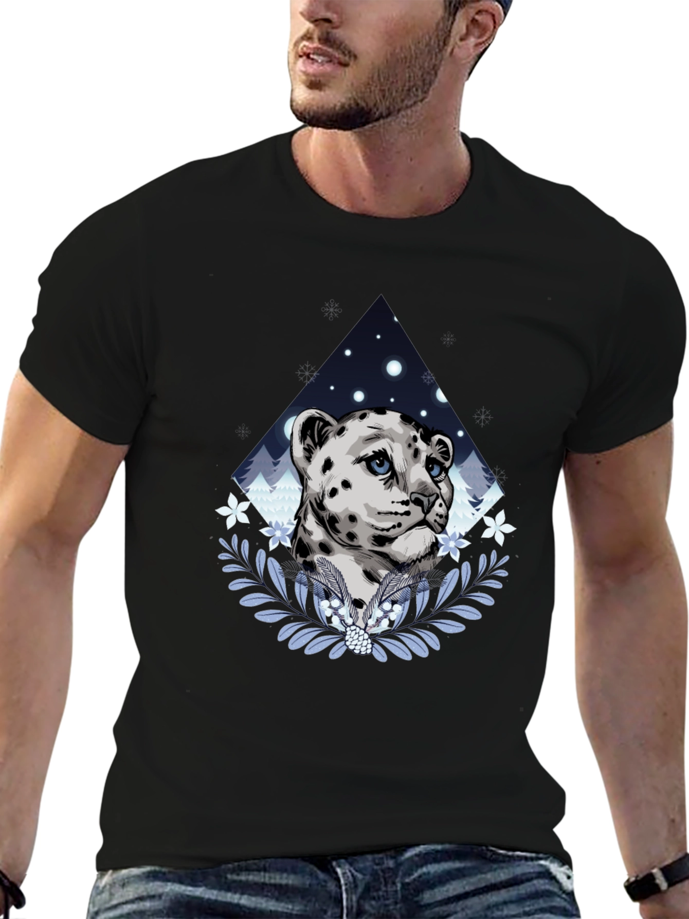 Snow Leopard Graphic Tee - Stylish Mens Black T-Shirt
