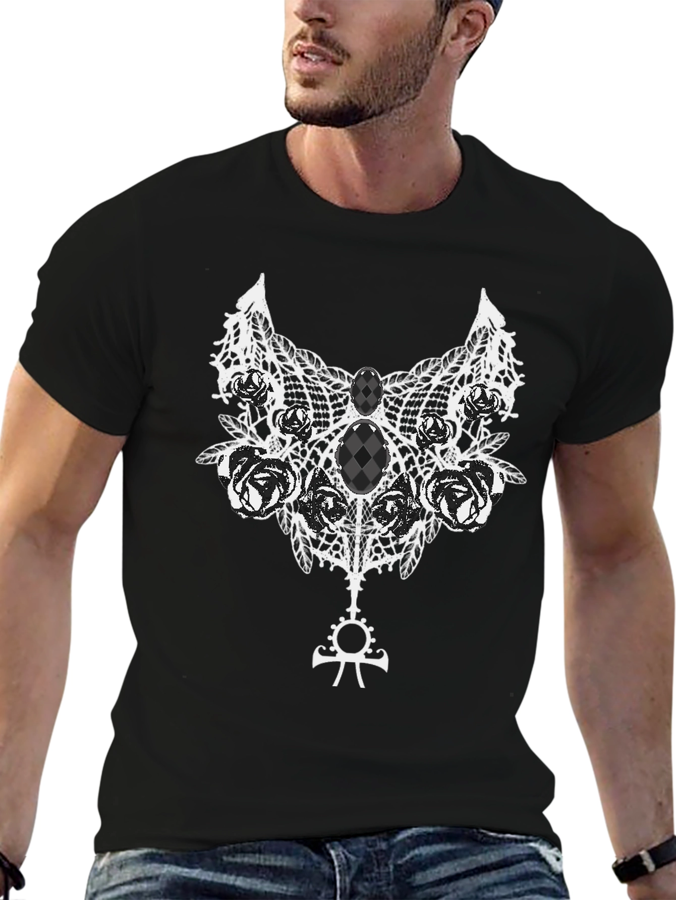 Gothic Rose Lace Ankh Symbol Black T-Shirt