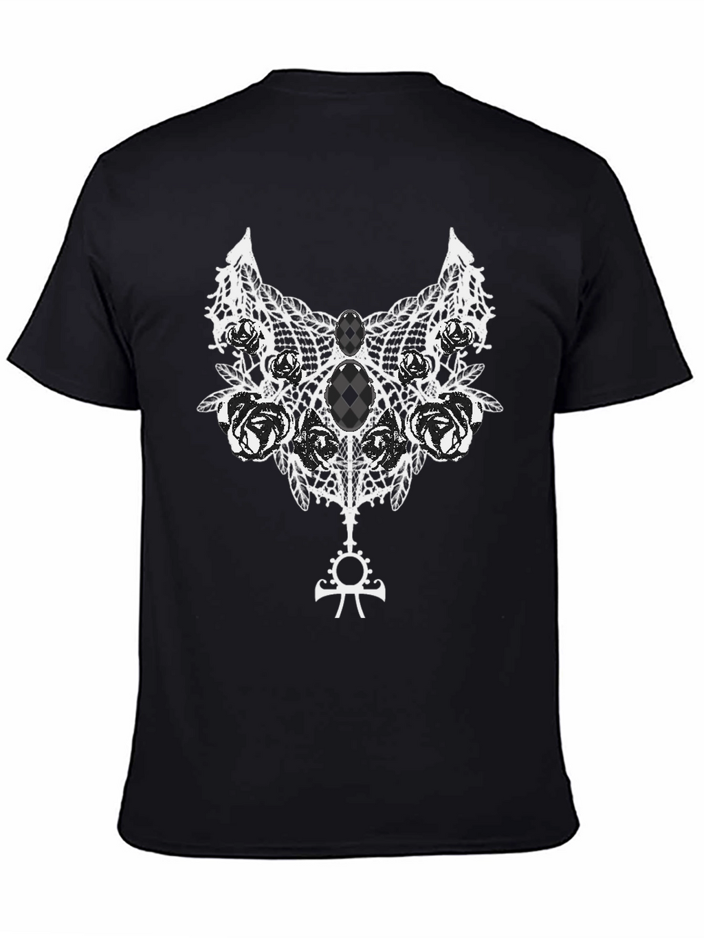 Gothic Rose Lace Ankh Symbol Black T-Shirt