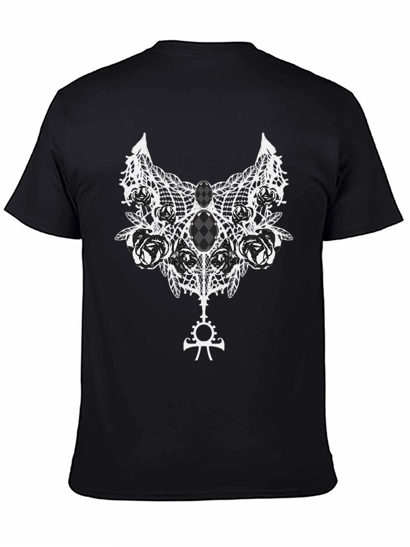 Gothic Rose Lace Ankh Symbol Black T-Shirt
