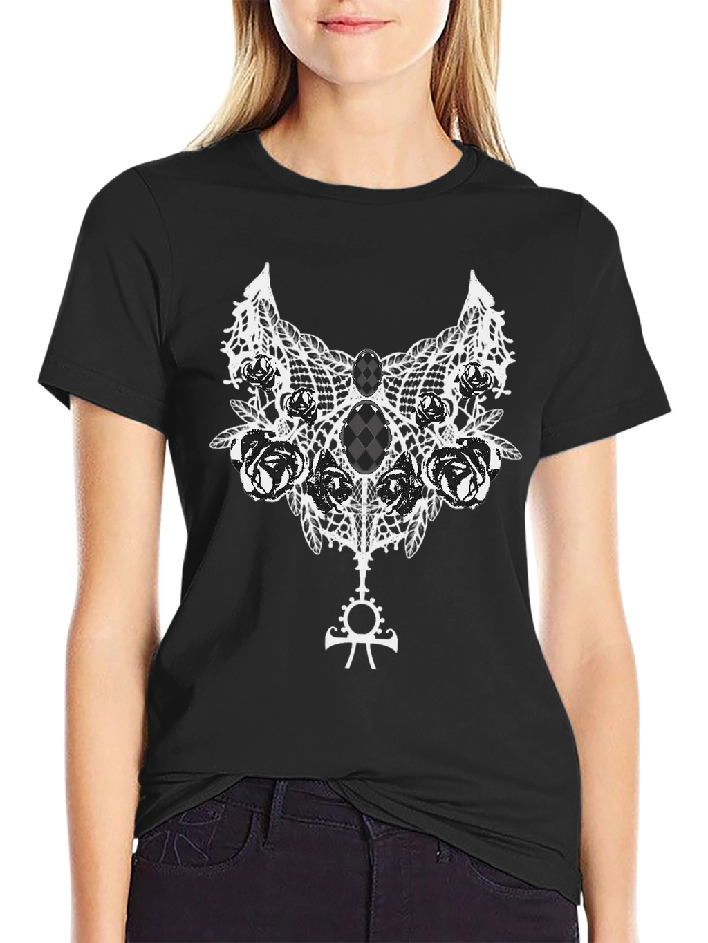 Gothic Rose Lace Ankh Symbol Black T-Shirt