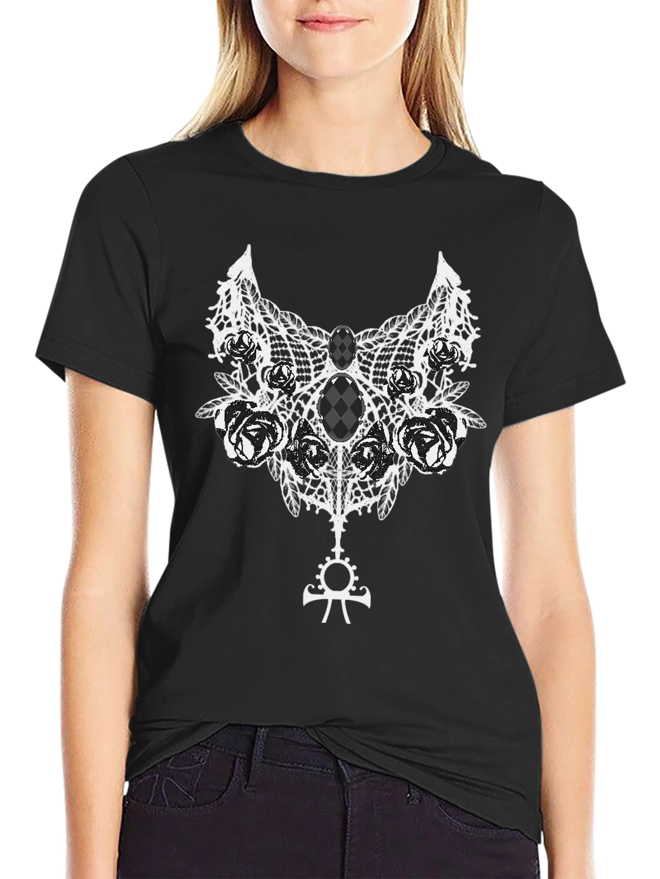 Gothic Rose Lace Ankh Symbol Black T-Shirt