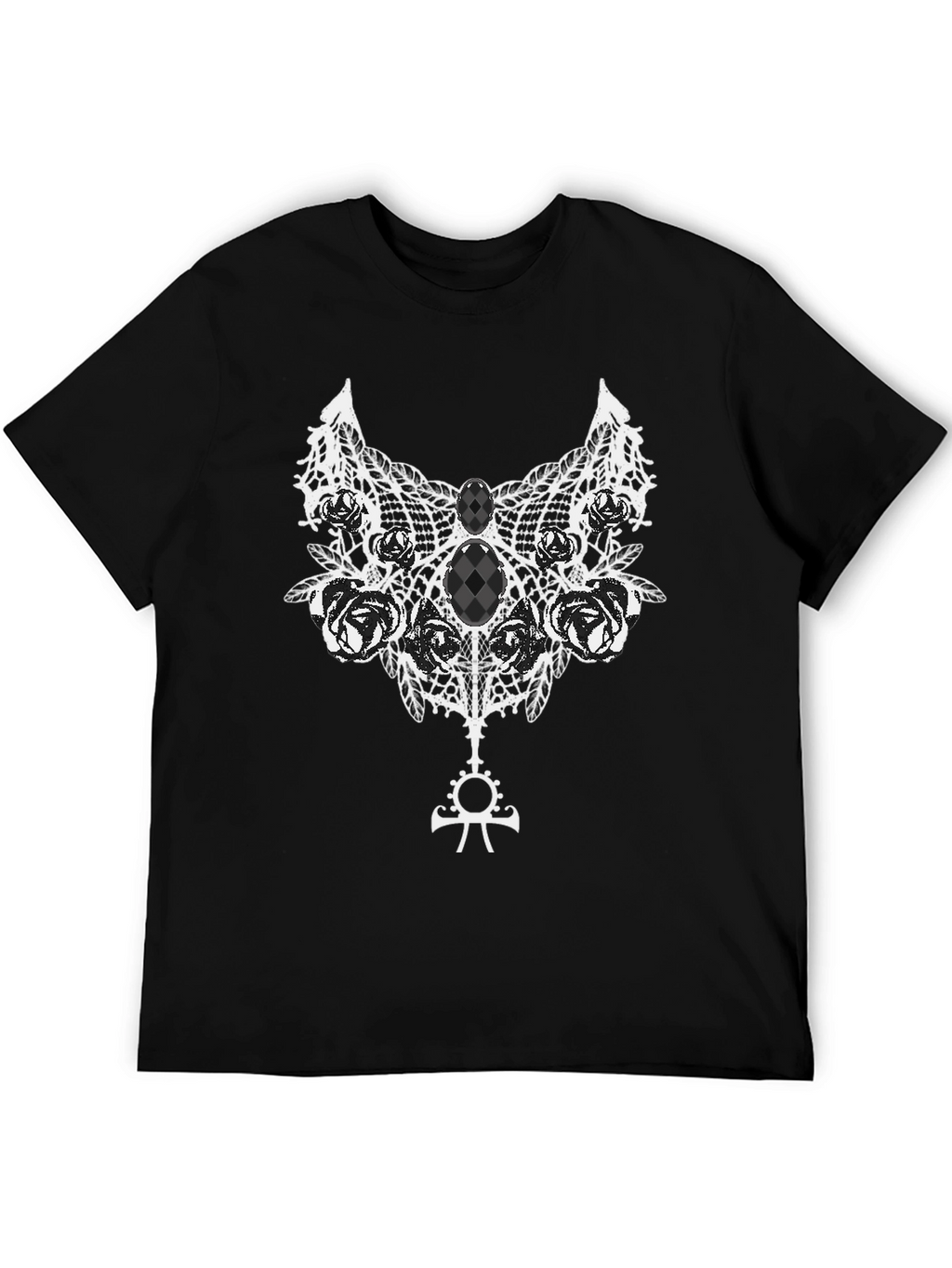 Gothic Rose Lace Ankh Symbol Black T-Shirt