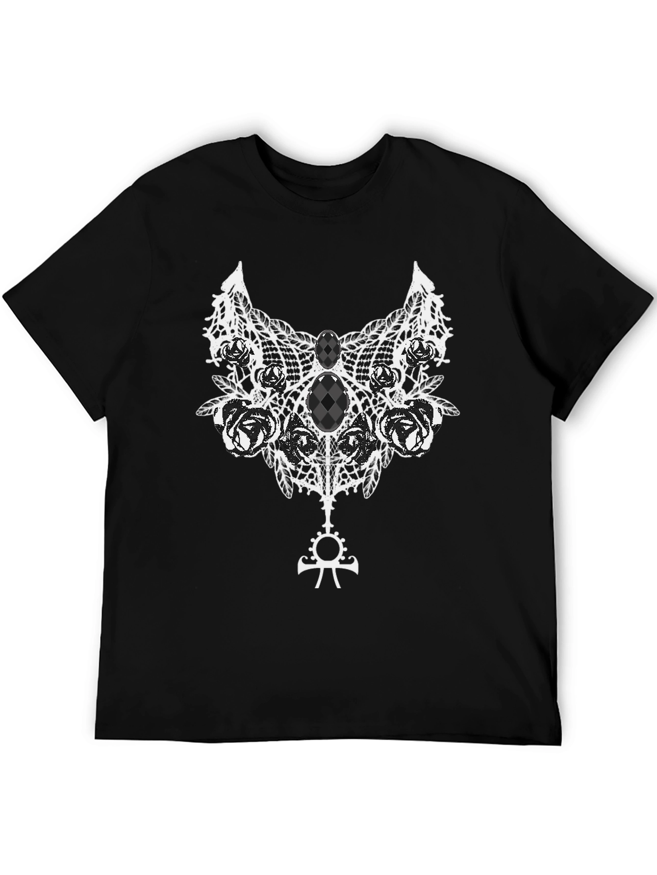 Gothic Rose Lace Ankh Symbol Black T-Shirt