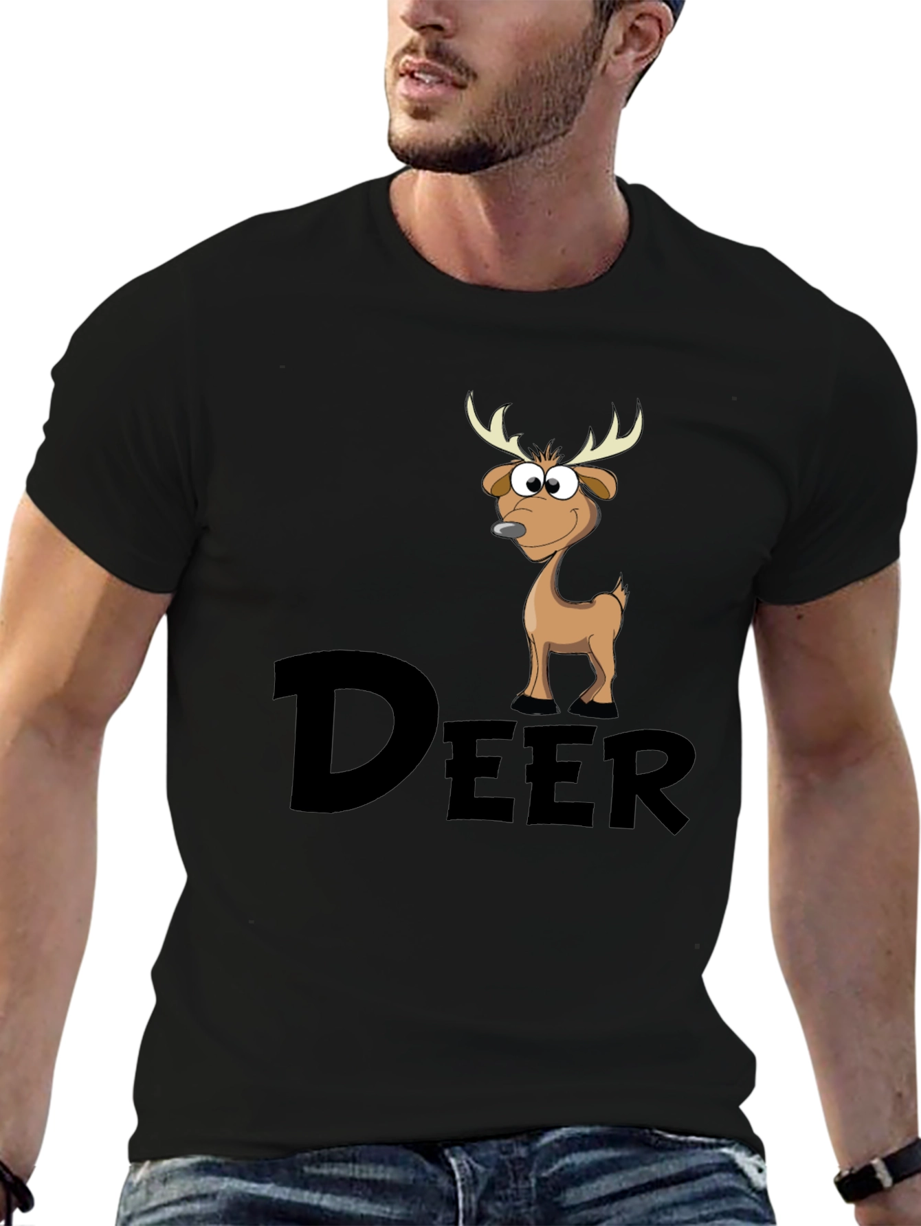 Cartoon Deer Graphic Tee - Mens Black T-Shirt