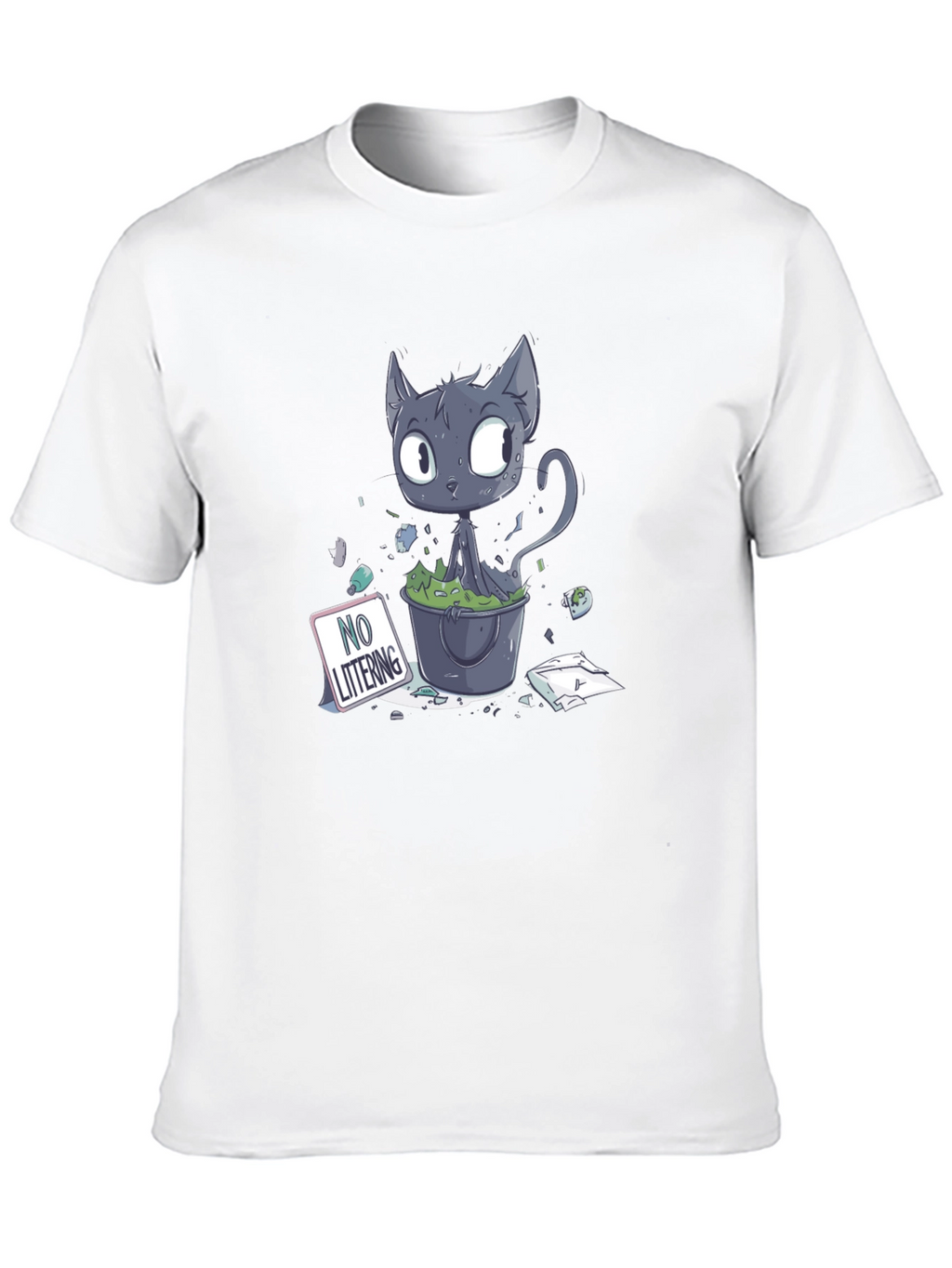 Cartoon Cat Littering Black T-Shirt