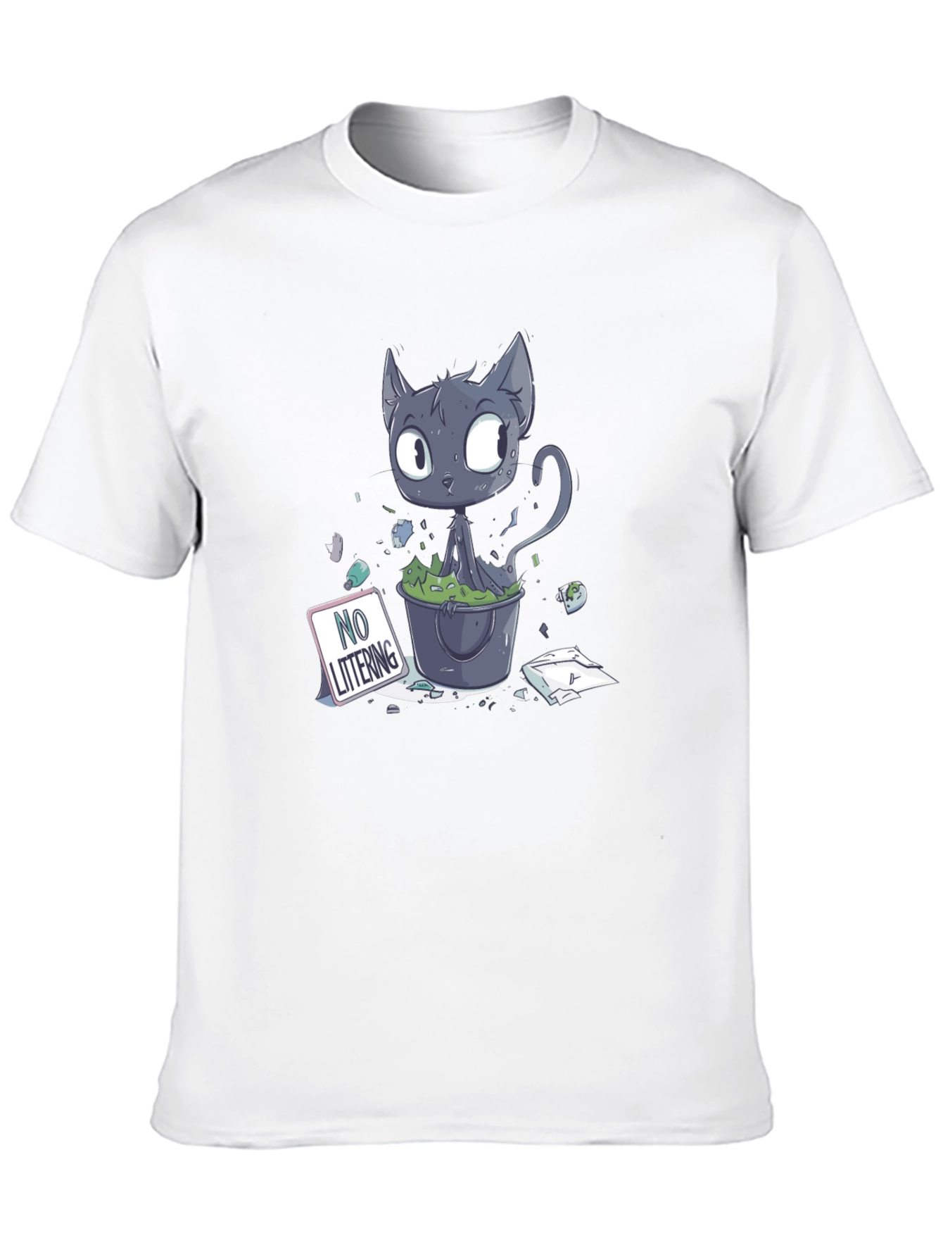 Cartoon Cat Littering Black T-Shirt