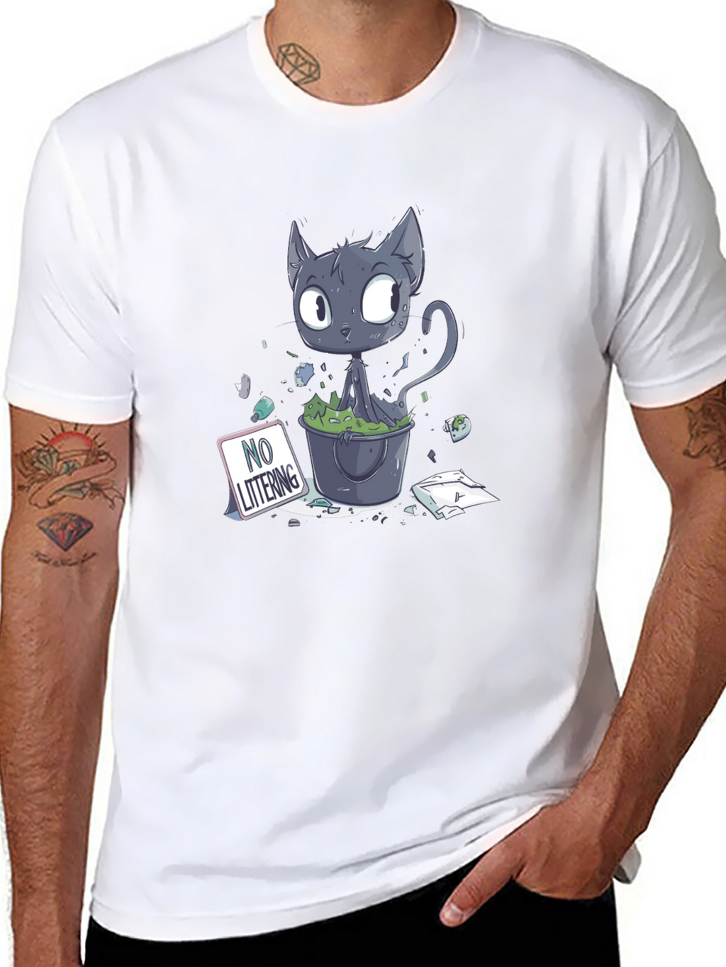 Cartoon Cat Littering Black T-Shirt