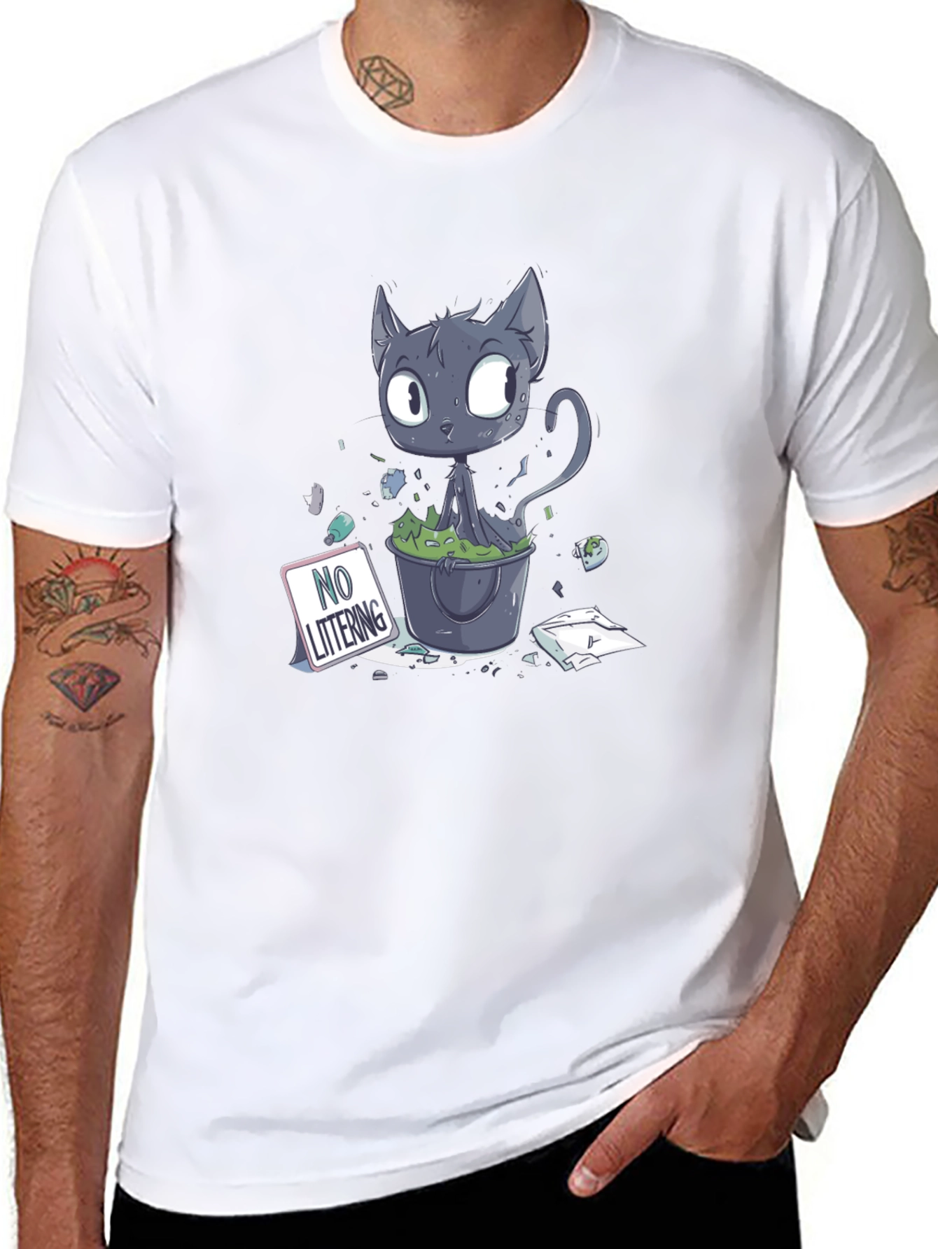 Cartoon Cat Littering Black T-Shirt