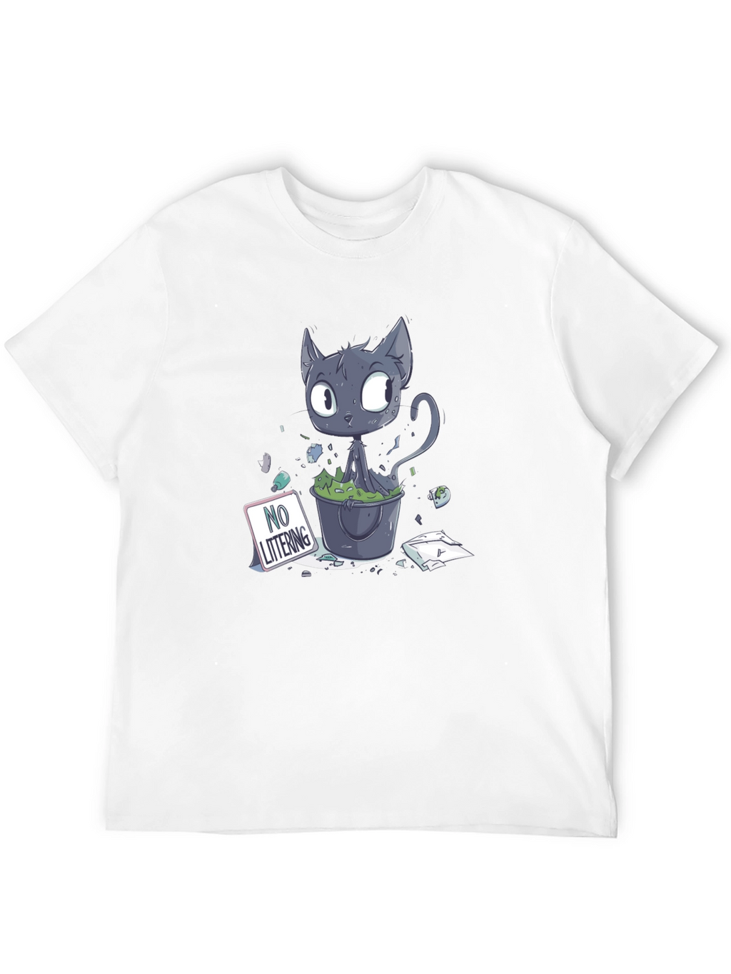 Cartoon Cat Littering Black T-Shirt
