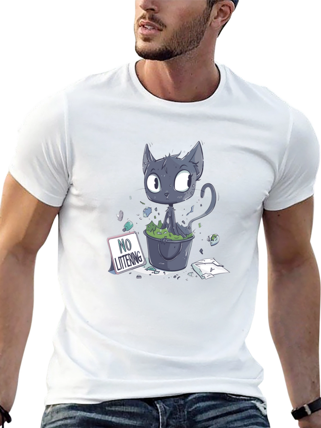 Cartoon Cat Littering Black T-Shirt
