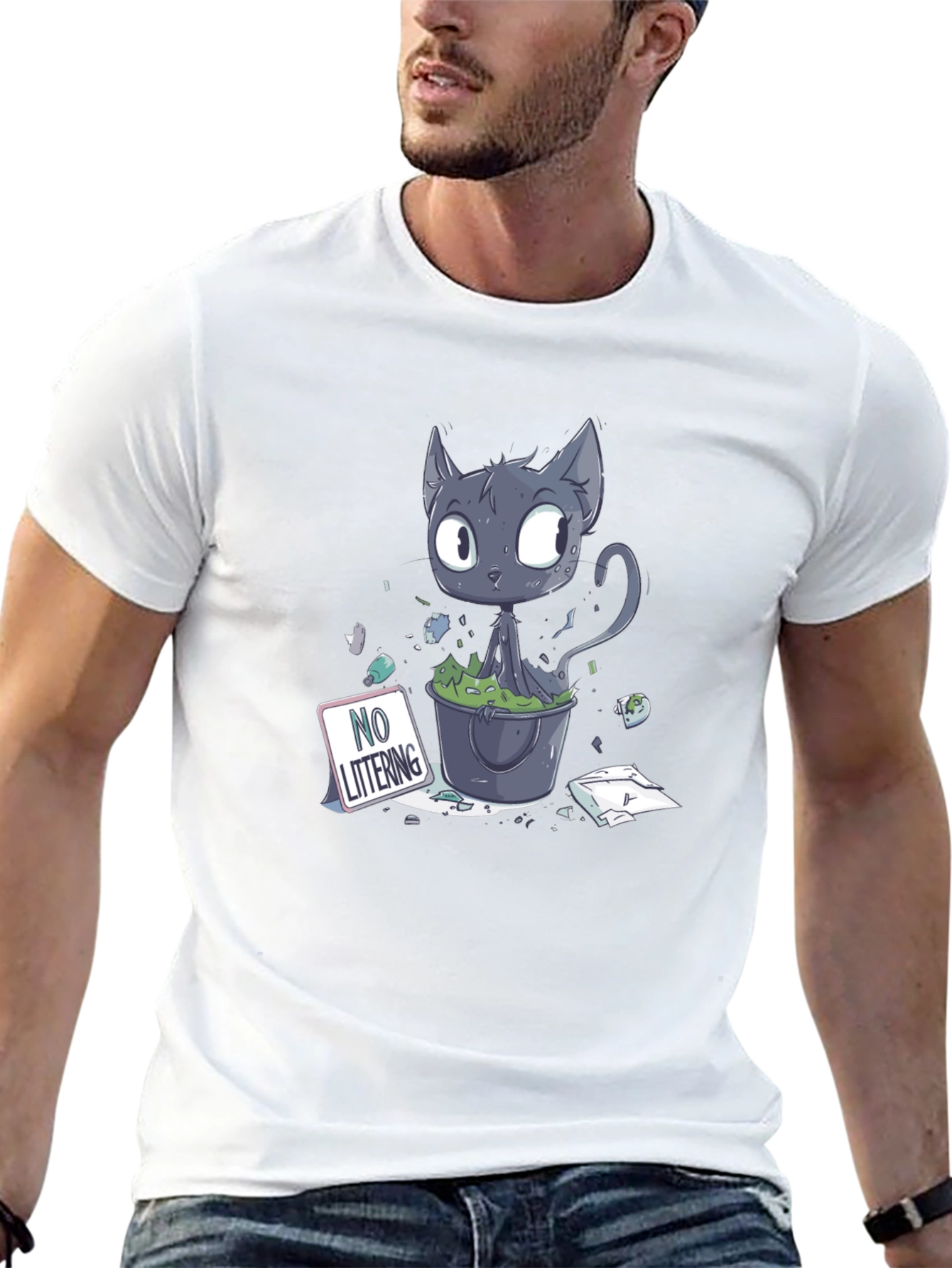 Cartoon Cat Littering Black T-Shirt