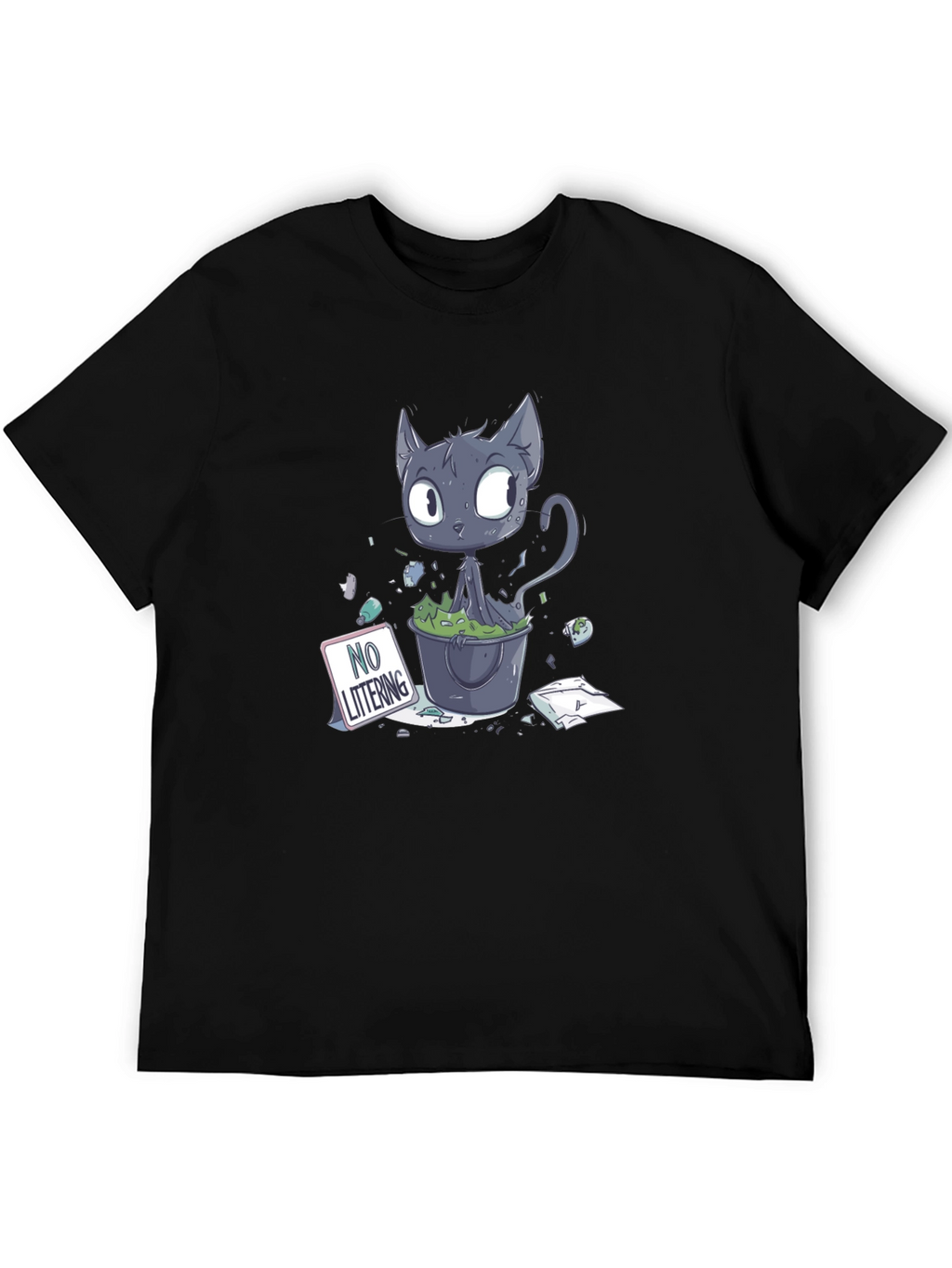 Cartoon Cat Littering Black T-Shirt