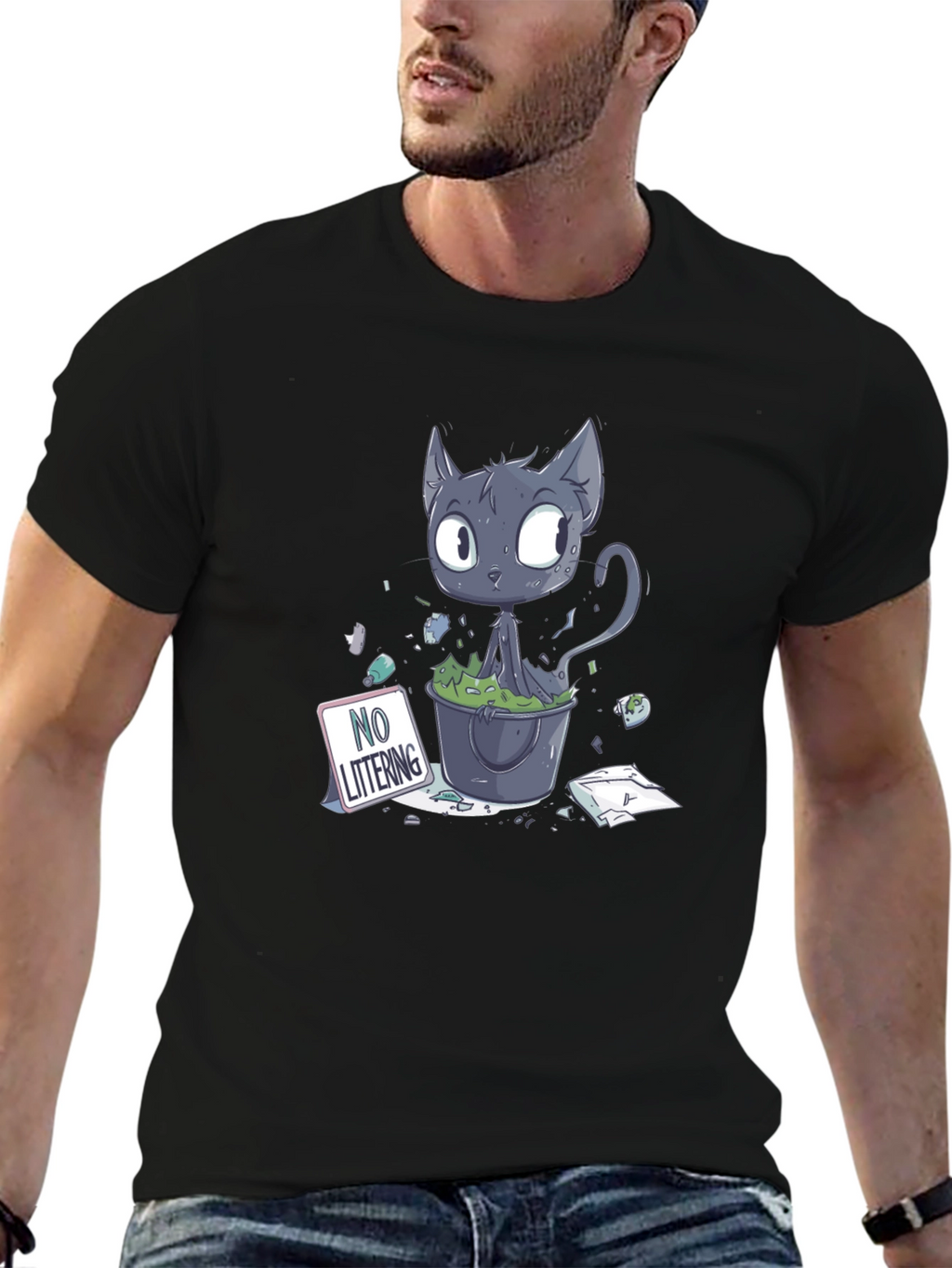 Cartoon Cat Littering Black T-Shirt