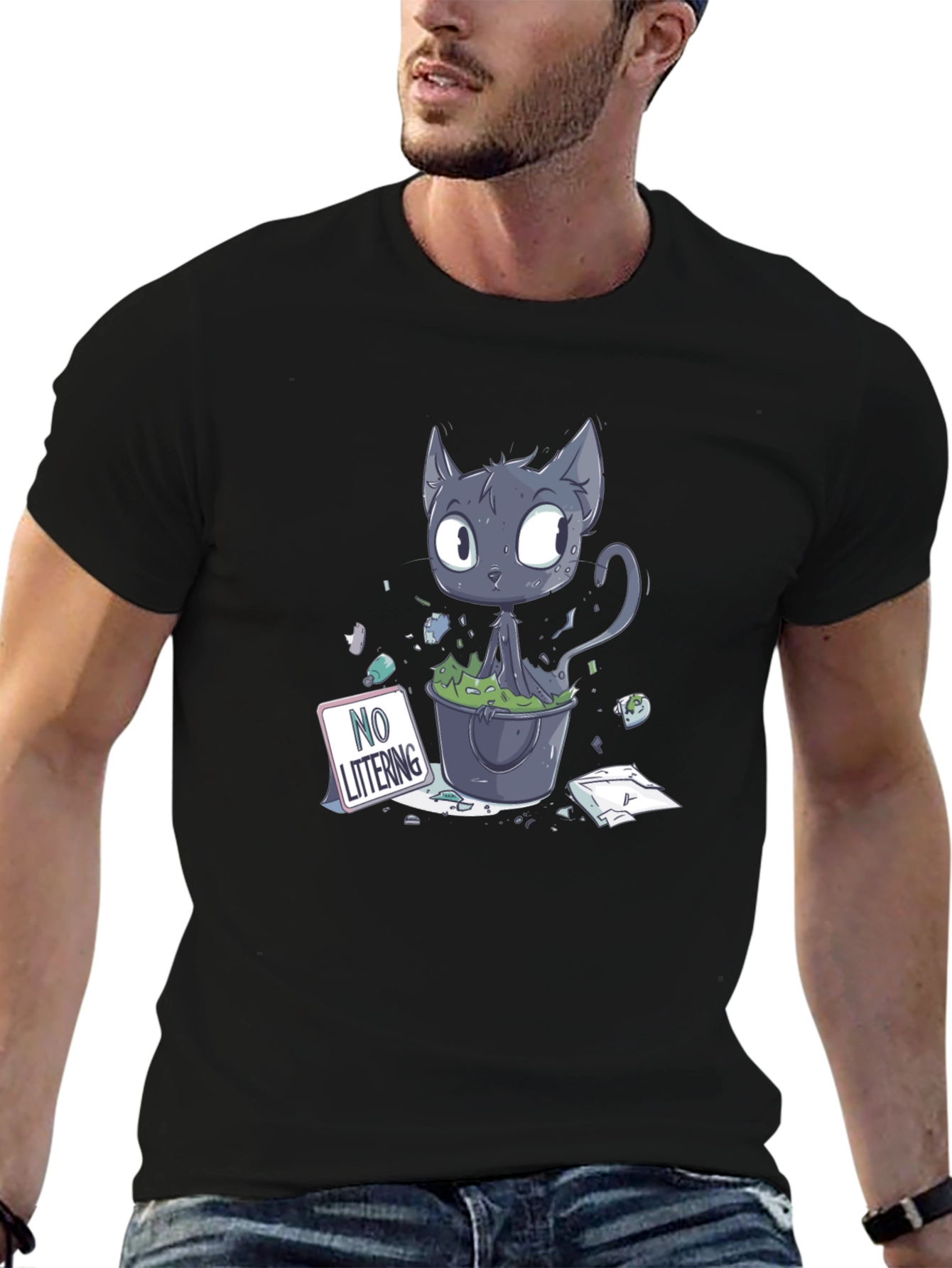 Cartoon Cat Littering Black T-Shirt