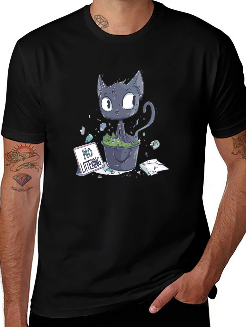 Cartoon Cat Littering Black T-Shirt