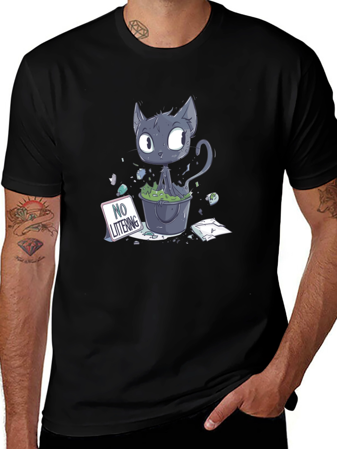 Cartoon Cat Littering Black T-Shirt
