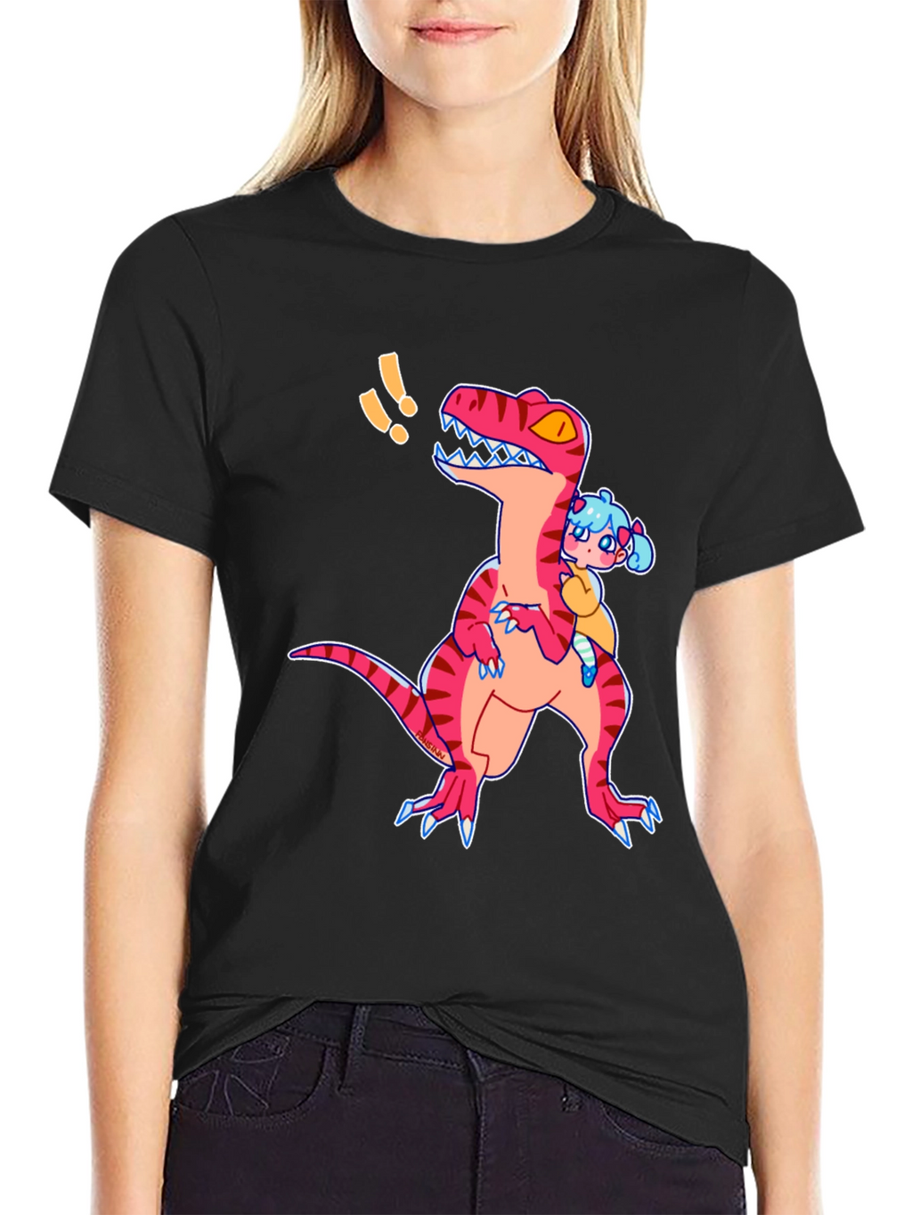 Dino & Girl Graphic Tee - Black