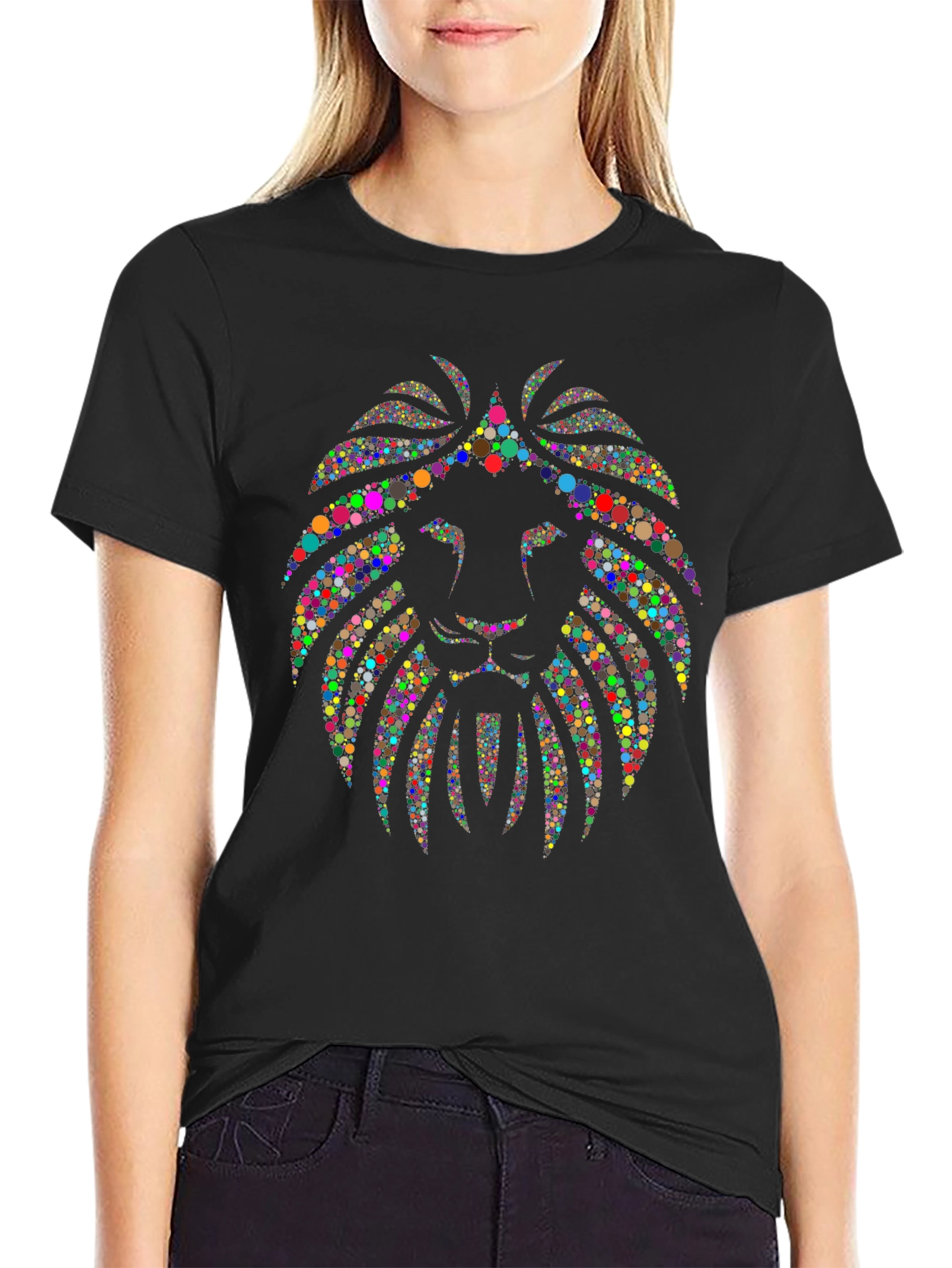 Colorful Lion Head Graphic Black T-Shirt