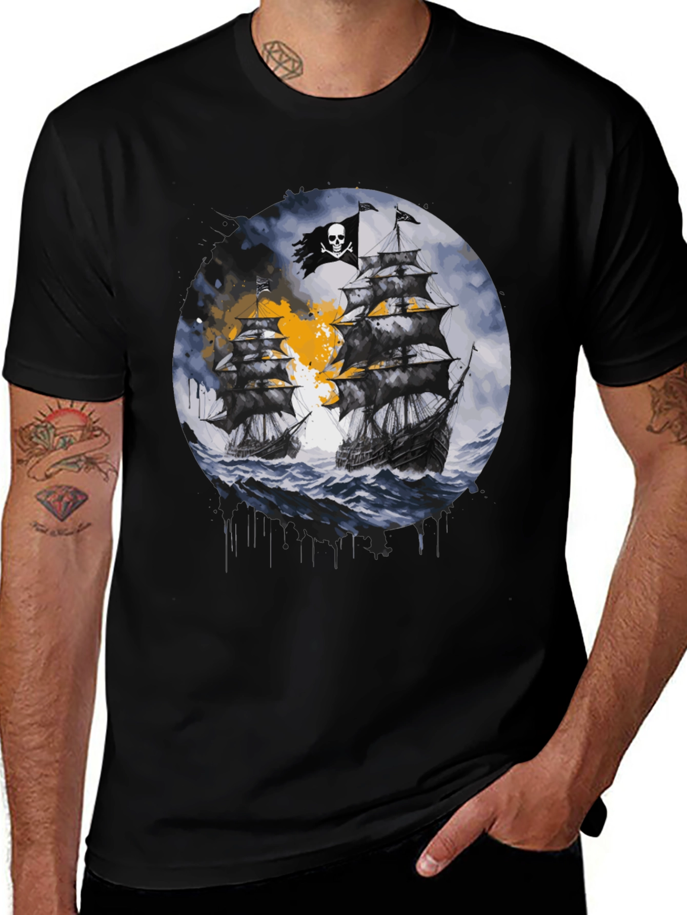 Pirate Ship Graphic T-Shirt - Black Cotton Tee