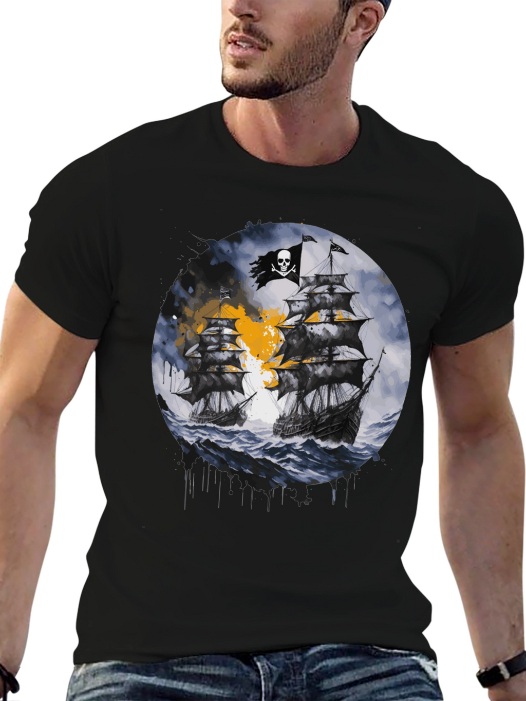 Pirate Ship Graphic T-Shirt - Black Cotton Tee